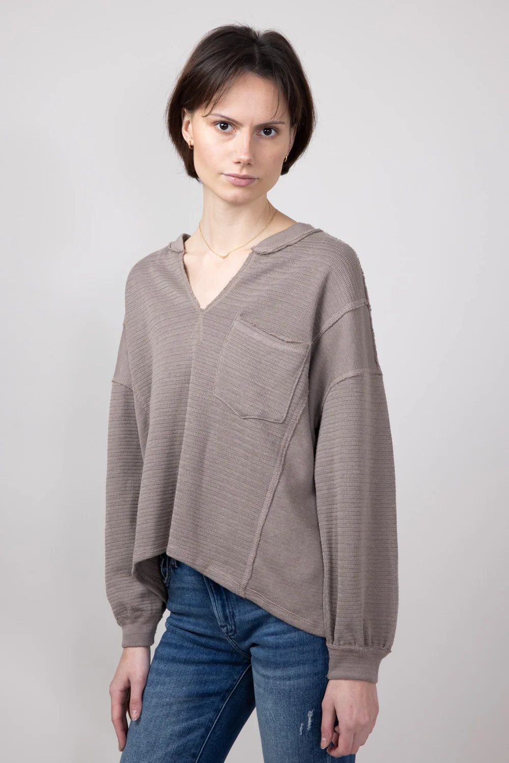 Blu Pepper Notched V-neck Knit Top for Women in Light Mocha | B3FT1034-LIGHTMOCHA - Image 4