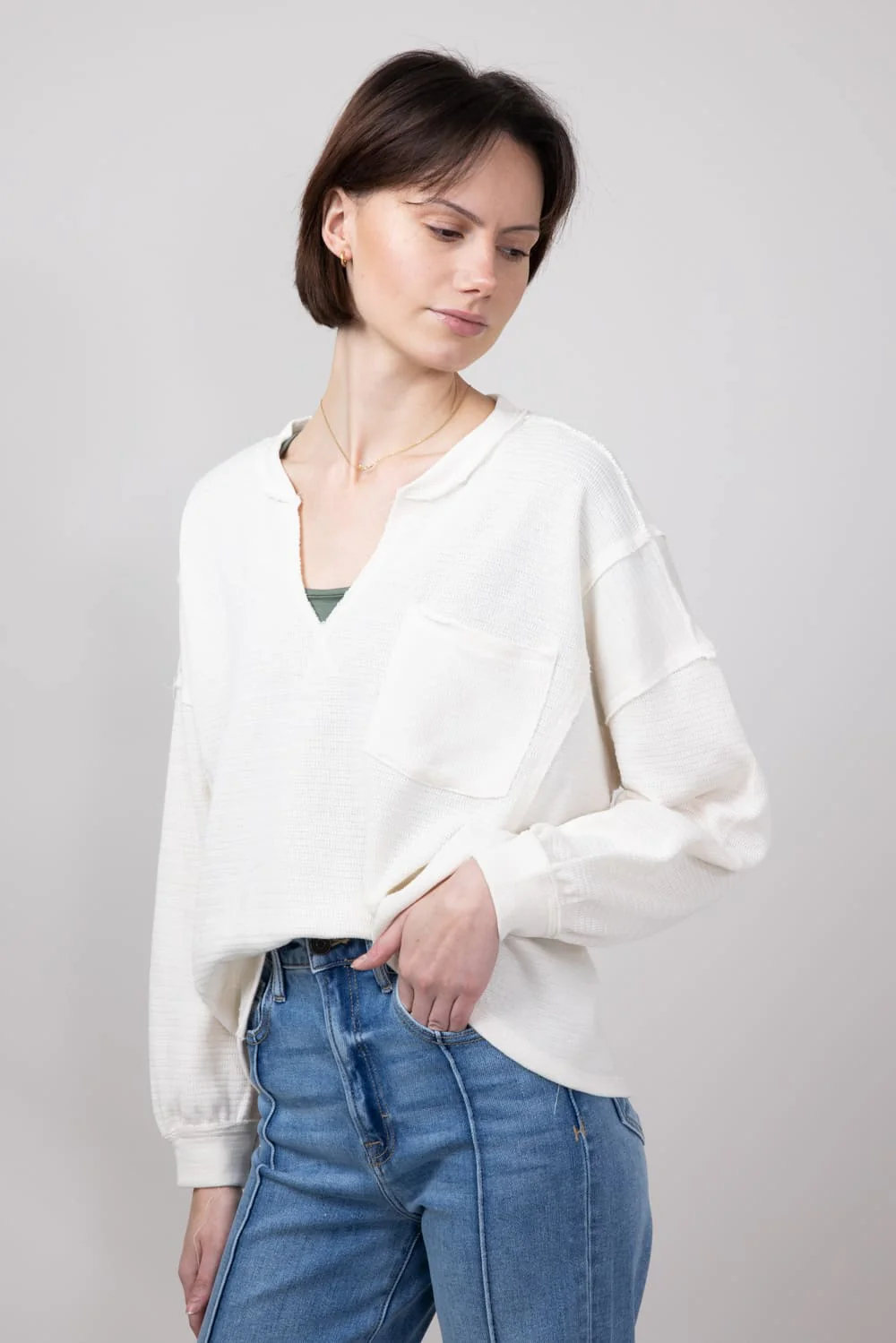 Blu Pepper Notched V-neck Knit Top for Women in Oatmeal | B3FT1034-OATMEAL - Image 3