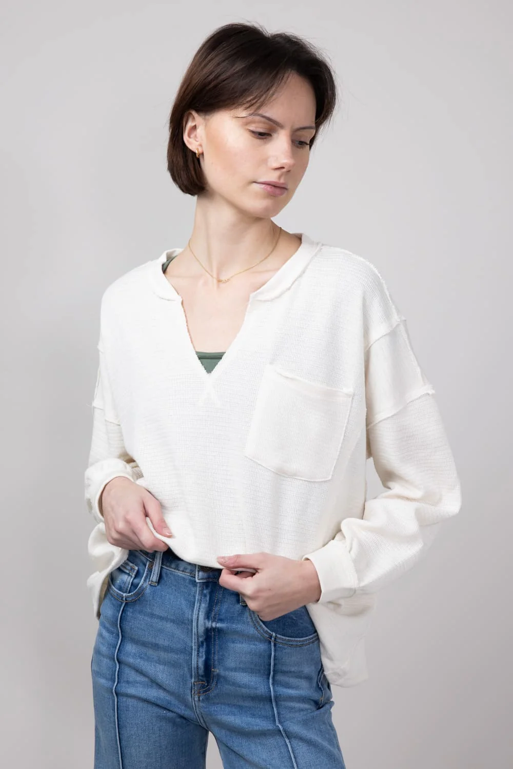 Blu Pepper Notched V-neck Knit Top for Women in Oatmeal | B3FT1034-OATMEAL - Image 4