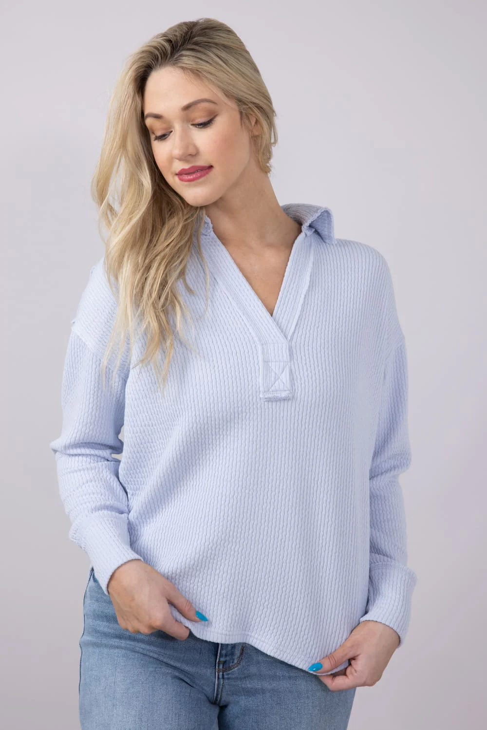Blu Pepper Ribbed Knit Johnny Collar Polo Shirt for Women - Image 4