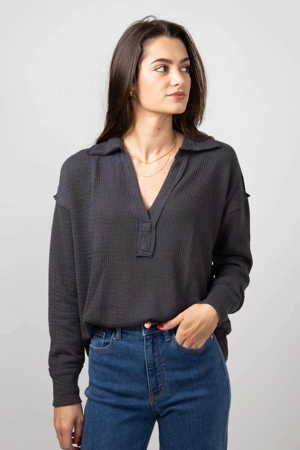 Blu Pepper Ribbed Knit Johnny Collar Polo Shirt for Women - Image 5