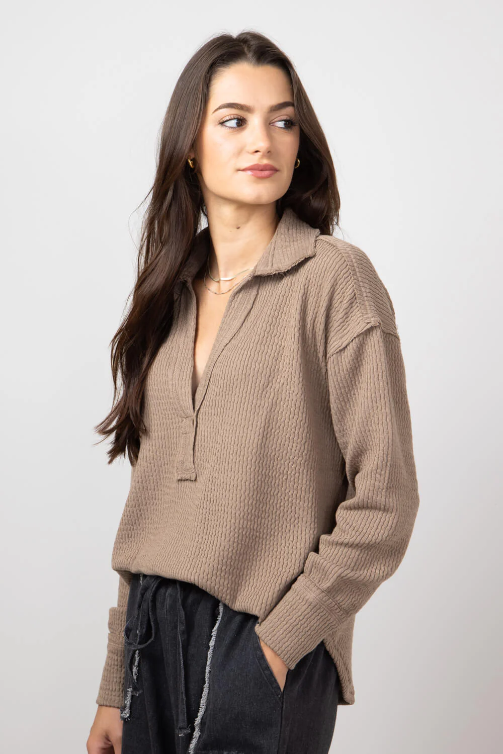 Blu Pepper Ribbed Knit Johnny Collar Polo Shirt for Women in Taupe | B3FT1012-TAUPE - Image 3