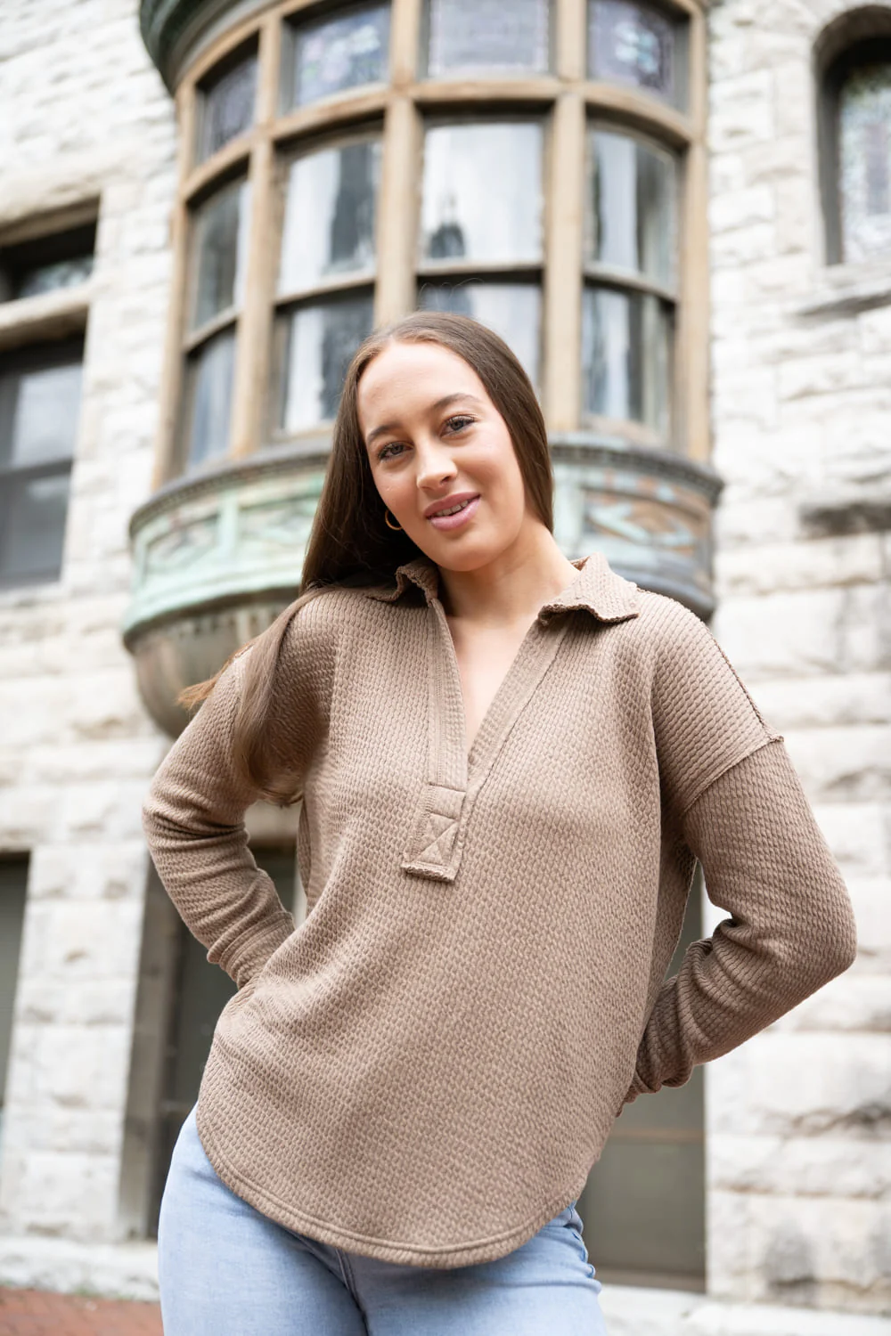 Blu Pepper Ribbed Knit Johnny Collar Polo Shirt for Women in Taupe | B3FT1012-TAUPE - Image 4