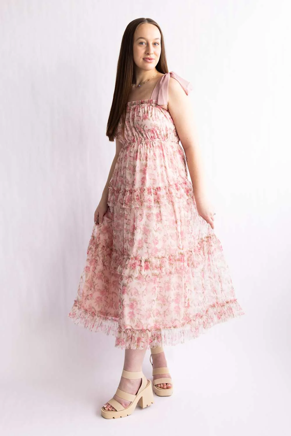 Blu Pepper Tiered Floral Midi Dress for Women in Pink | TB8823-PINKMULTI - Image 3