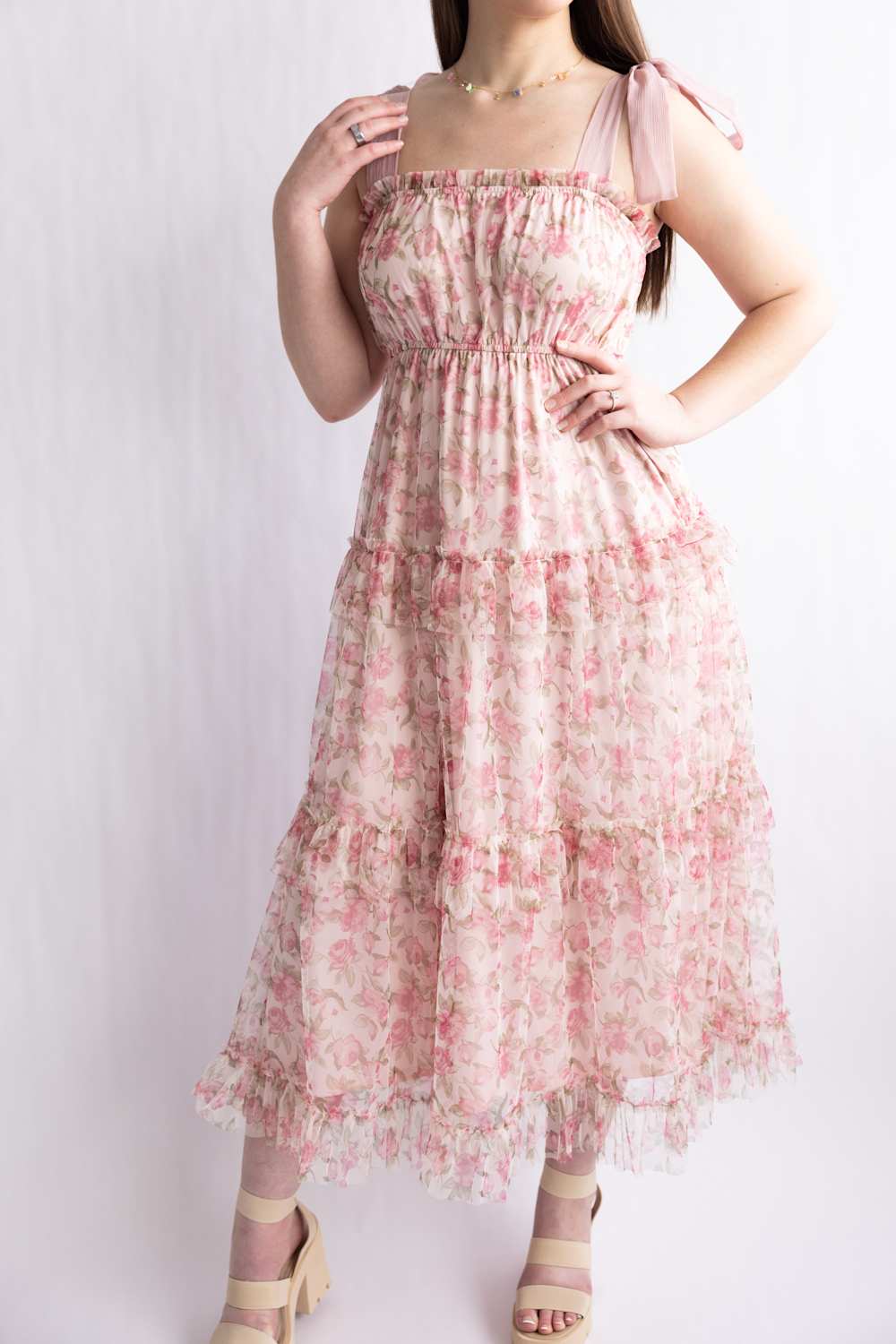 Blu Pepper Tiered Floral Midi Dress for Women in Pink | TB8823-PINKMULTI - Image 5