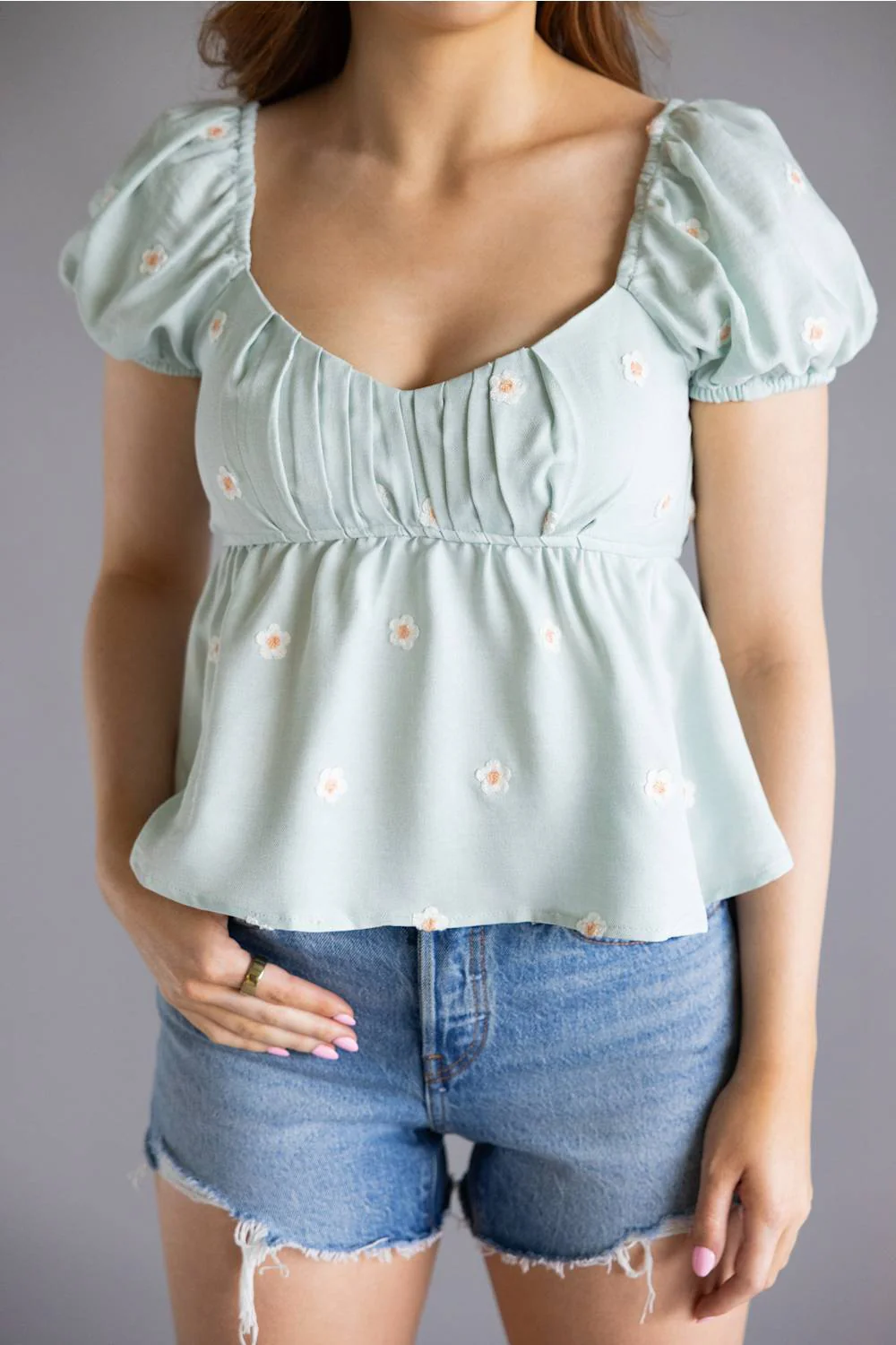 Blu Pepper Woven Floral Puff Sleeve Top for Women in Mint | CR2498-MINT - Image 2