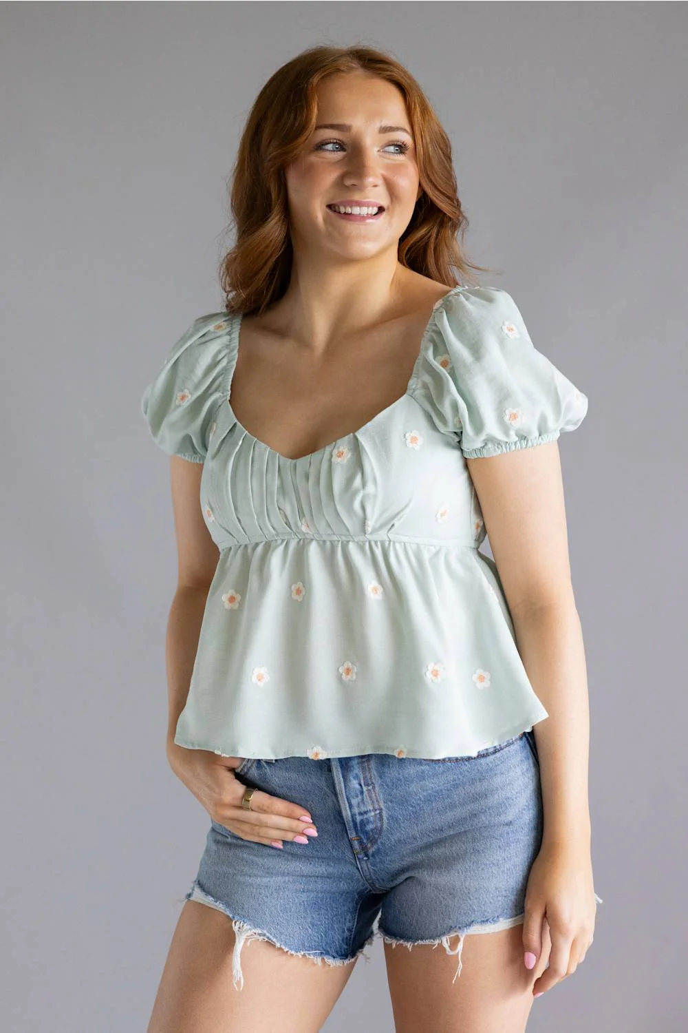 Blu Pepper Woven Floral Puff Sleeve Top for Women in Mint | CR2498-MINT - Image 3