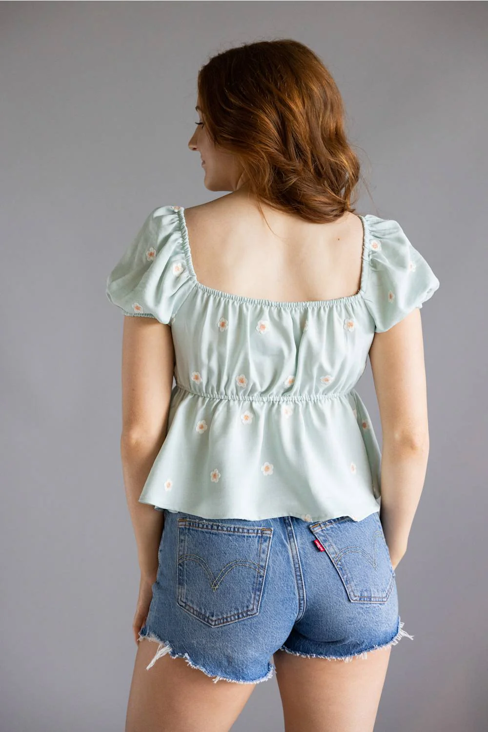 Blu Pepper Woven Floral Puff Sleeve Top for Women in Mint | CR2498-MINT - Image 4