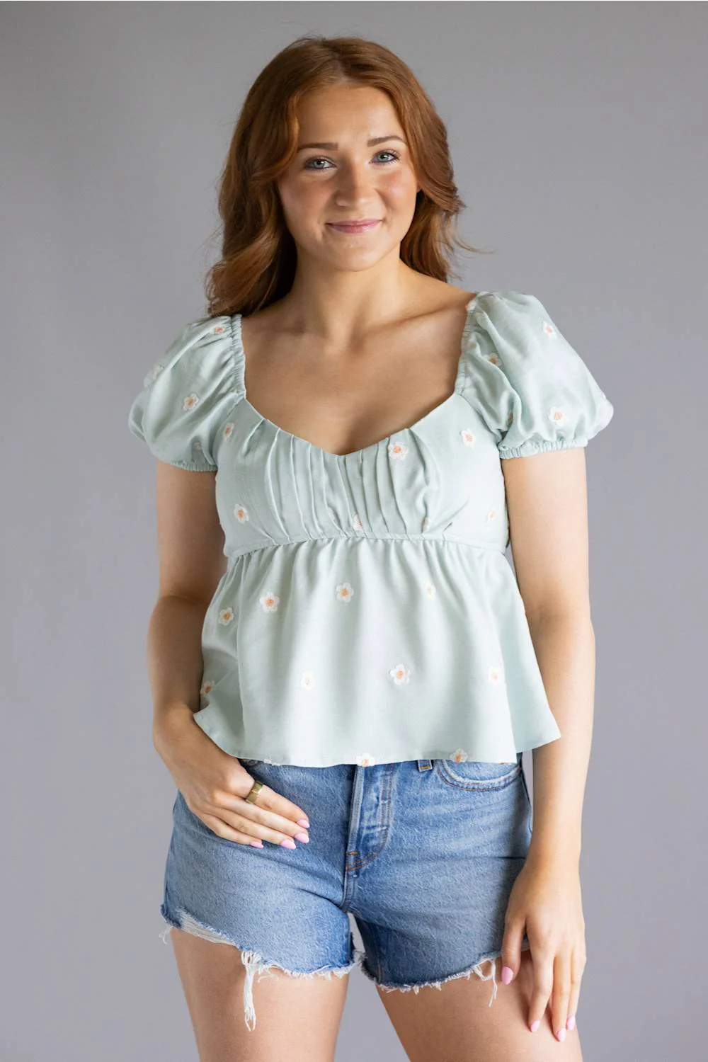 Blu Pepper Woven Floral Puff Sleeve Top for Women in Mint | CR2498-MINT - Image 5