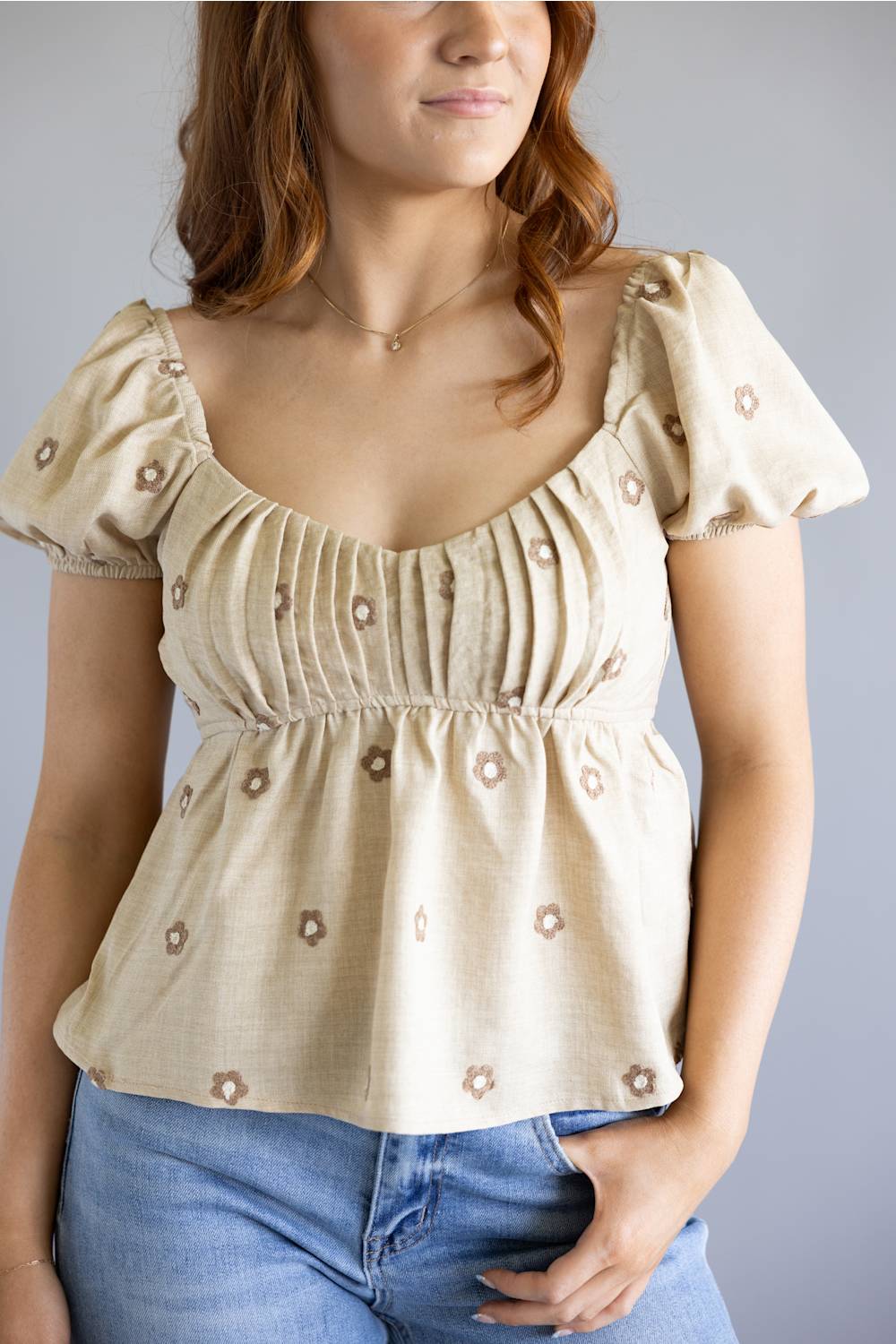 Blu Pepper Woven Floral Puff Sleeve Top for Women in Taupe | CR2498-TAUPE - Image 2