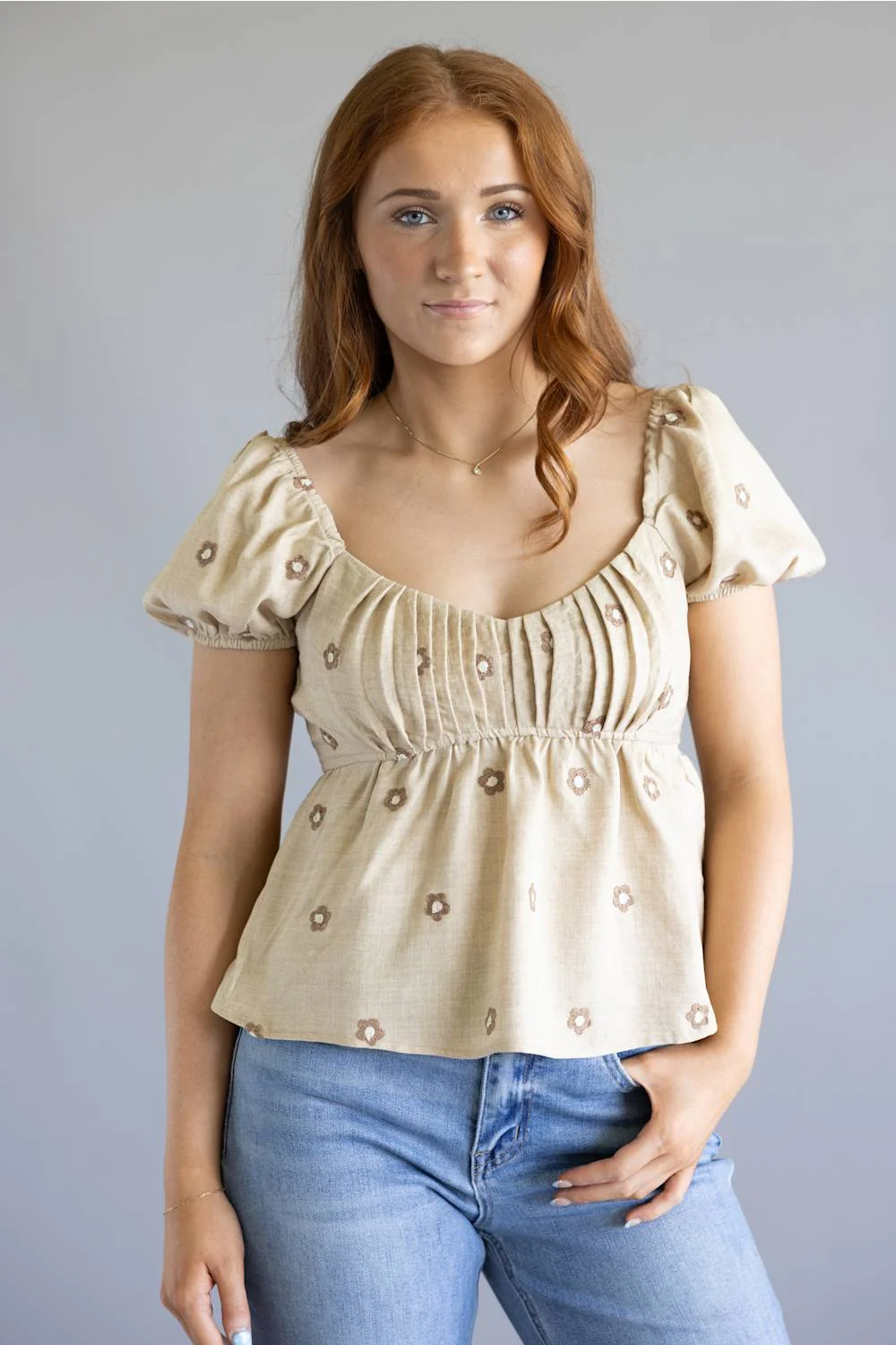 Blu Pepper Woven Floral Puff Sleeve Top for Women in Taupe | CR2498-TAUPE - Image 3