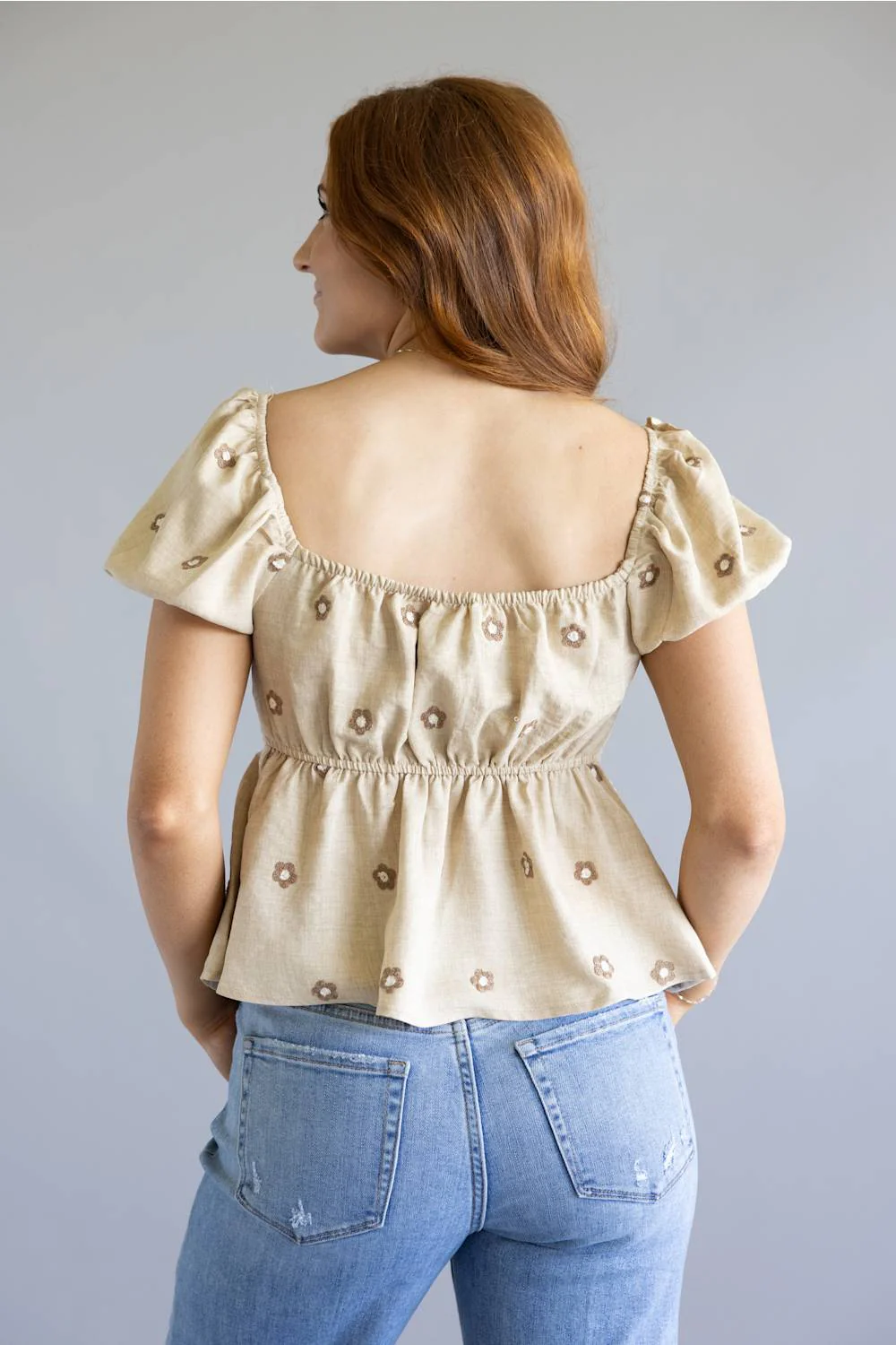 Blu Pepper Woven Floral Puff Sleeve Top for Women in Taupe | CR2498-TAUPE - Image 5
