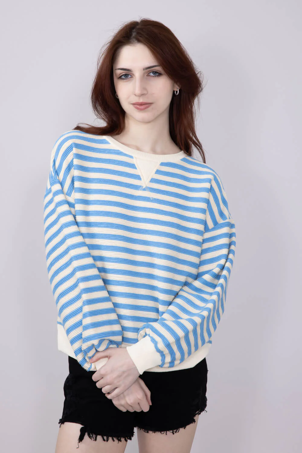 Blu Pepper Contrast Ribbed Knit Striped Sweatshirt for Women in Light Blue | B4FT1040-LIGHTBLUE - Image 2