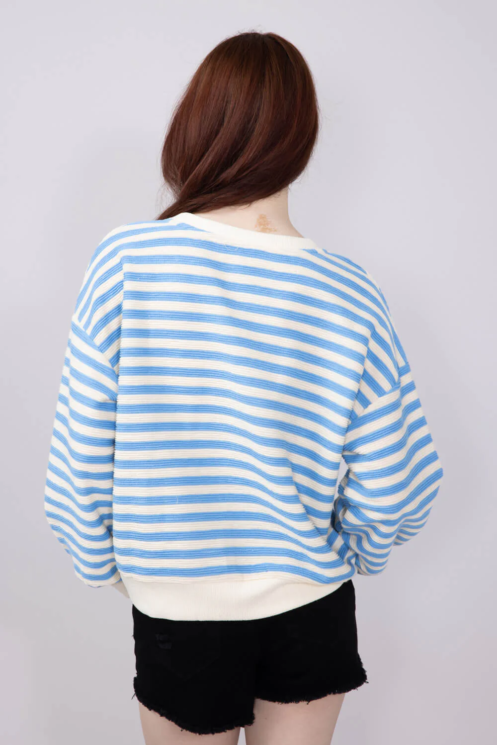 Blu Pepper Contrast Ribbed Knit Striped Sweatshirt for Women in Light Blue | B4FT1040-LIGHTBLUE - Image 3