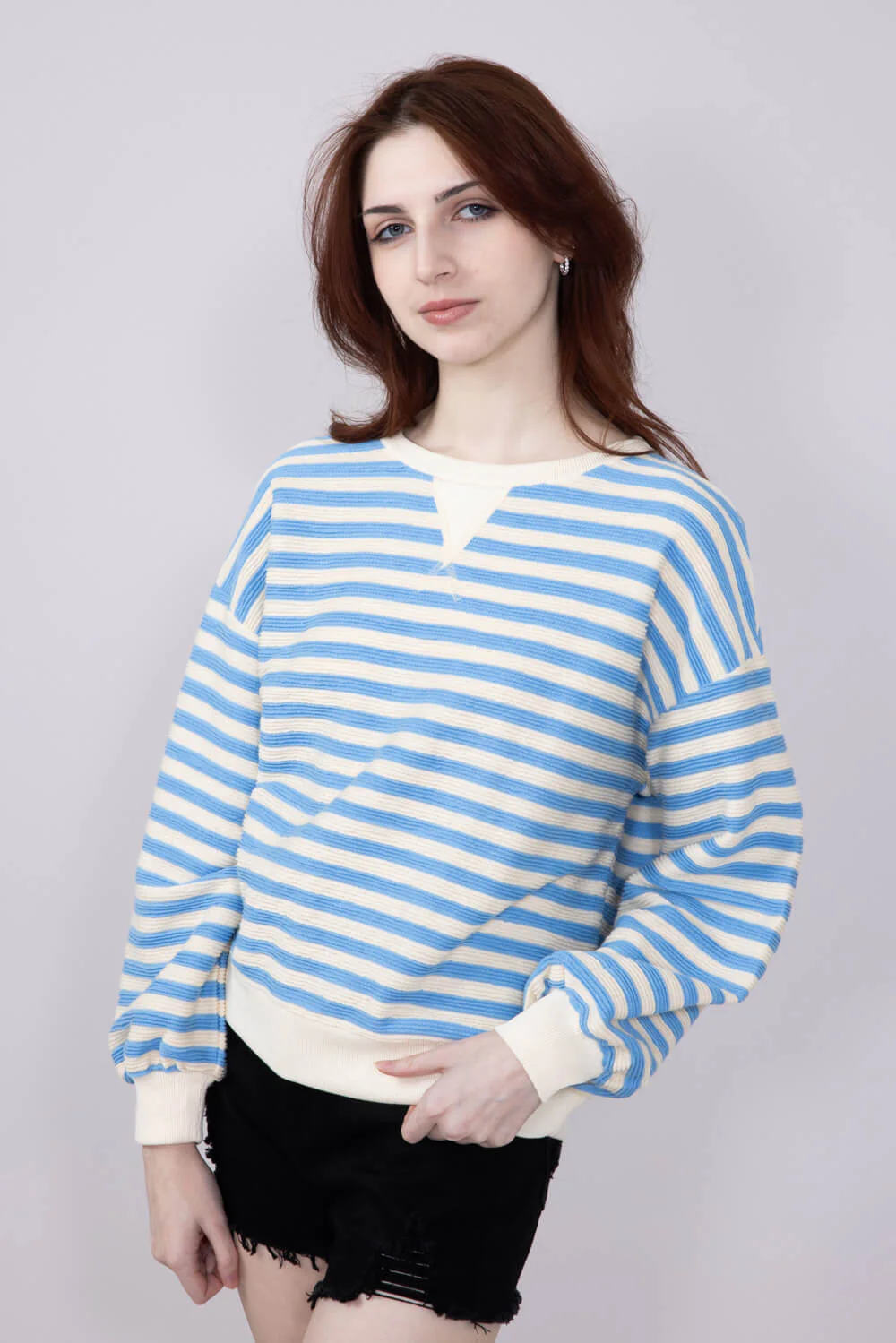 Blu Pepper Contrast Ribbed Knit Striped Sweatshirt for Women in Light Blue | B4FT1040-LIGHTBLUE - Image 4