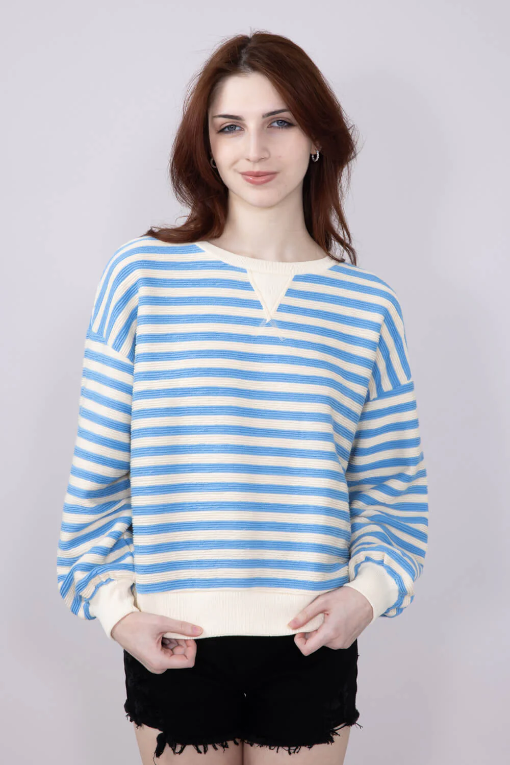 Blu Pepper Contrast Ribbed Knit Striped Sweatshirt for Women in Light Blue | B4FT1040-LIGHTBLUE - Image 5