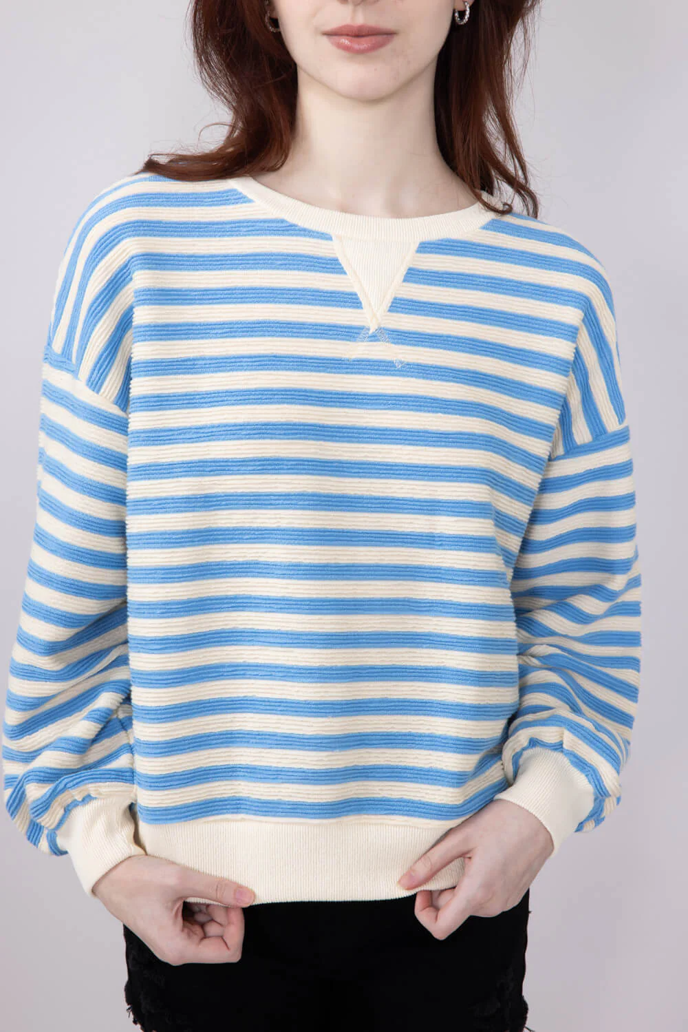 Blu Pepper Contrast Ribbed Knit Striped Sweatshirt for Women in Light Blue | B4FT1040-LIGHTBLUE - Image 6
