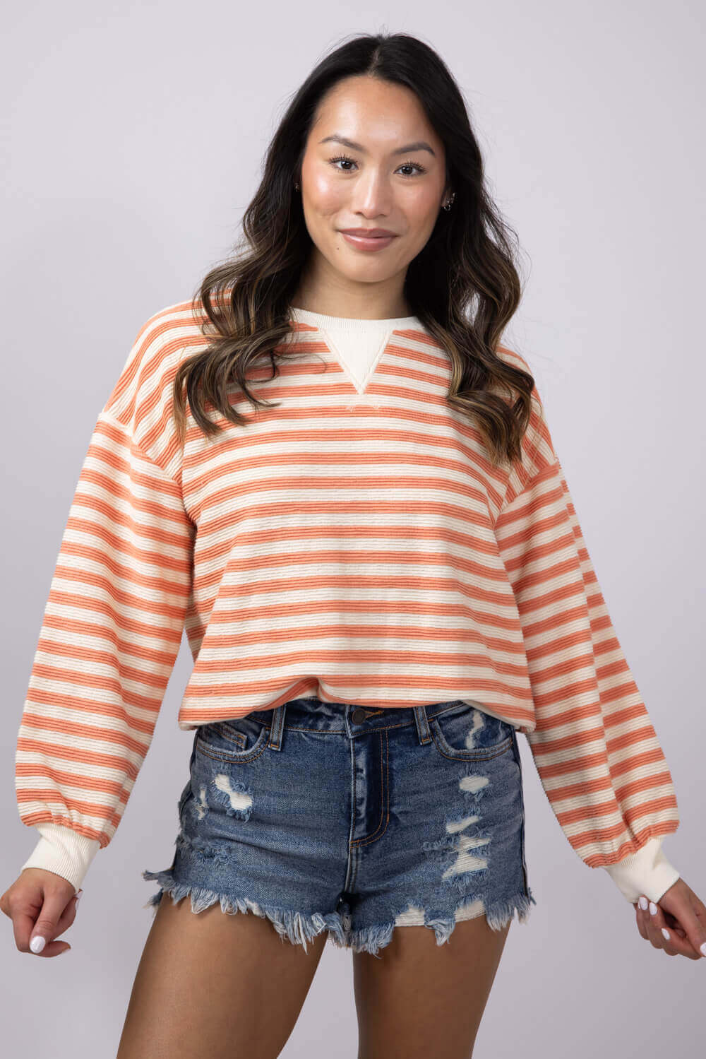 Blu Pepper Contrast Ribbed Stripe Knit Top for Women in Peach | B4FT1040-PEACH - Image 2