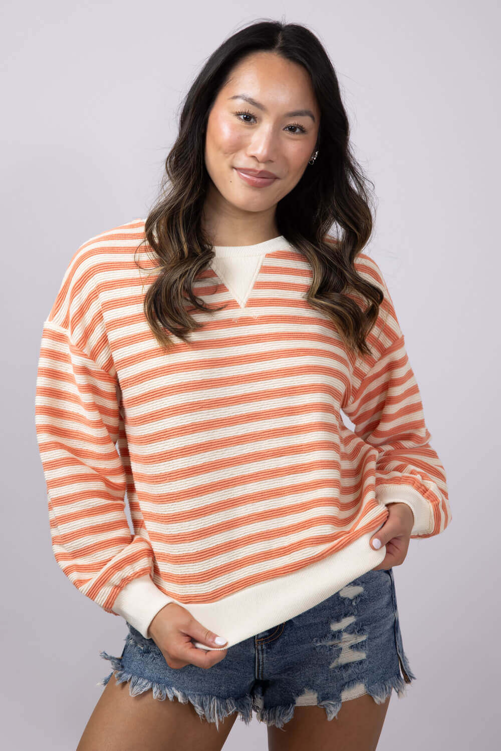 Blu Pepper Contrast Ribbed Stripe Knit Top for Women in Peach | B4FT1040-PEACH - Image 4