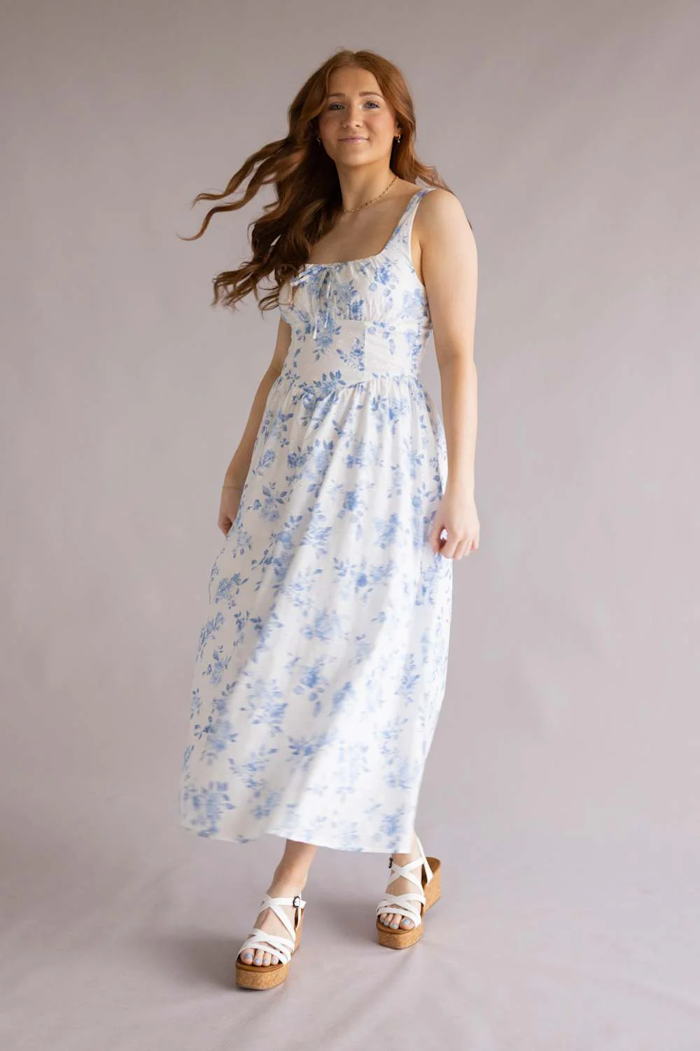 Bow & Floral Maxi Dress for Women in White | CR2825-BLUE - Image 2