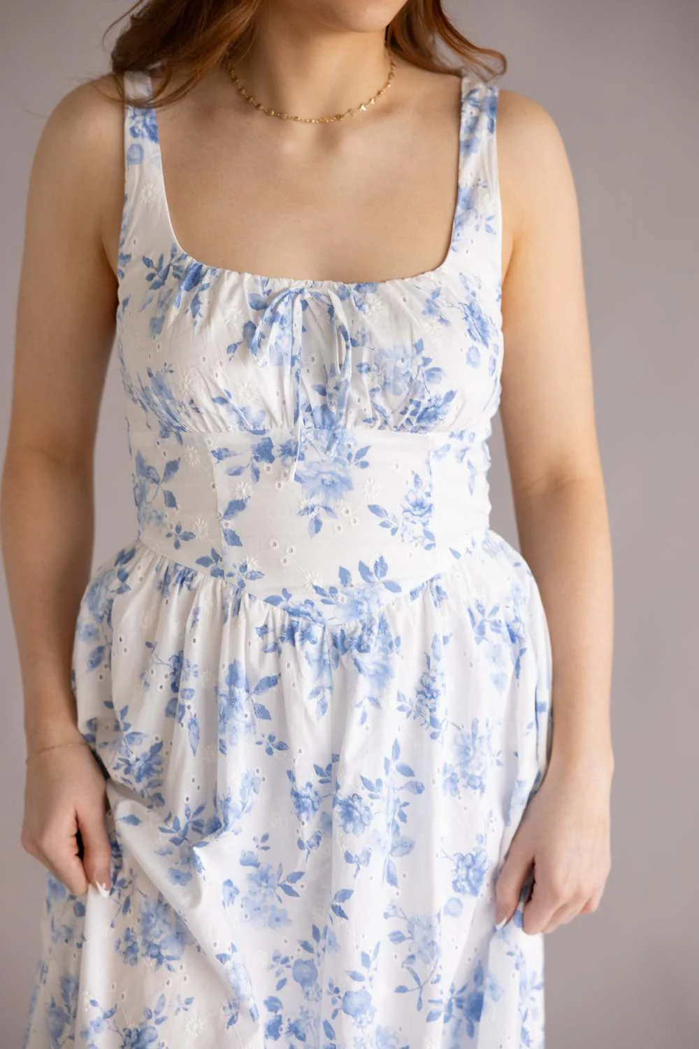 Bow & Floral Maxi Dress for Women in White | CR2825-BLUE - Image 3
