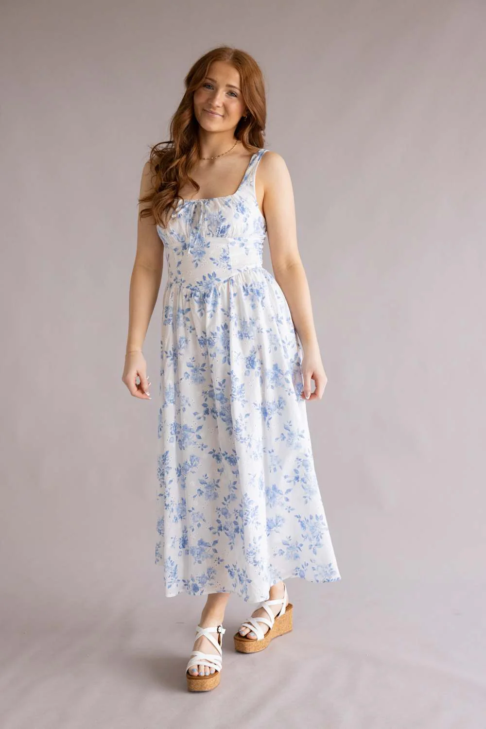 Bow & Floral Maxi Dress for Women in White | CR2825-BLUE - Image 5