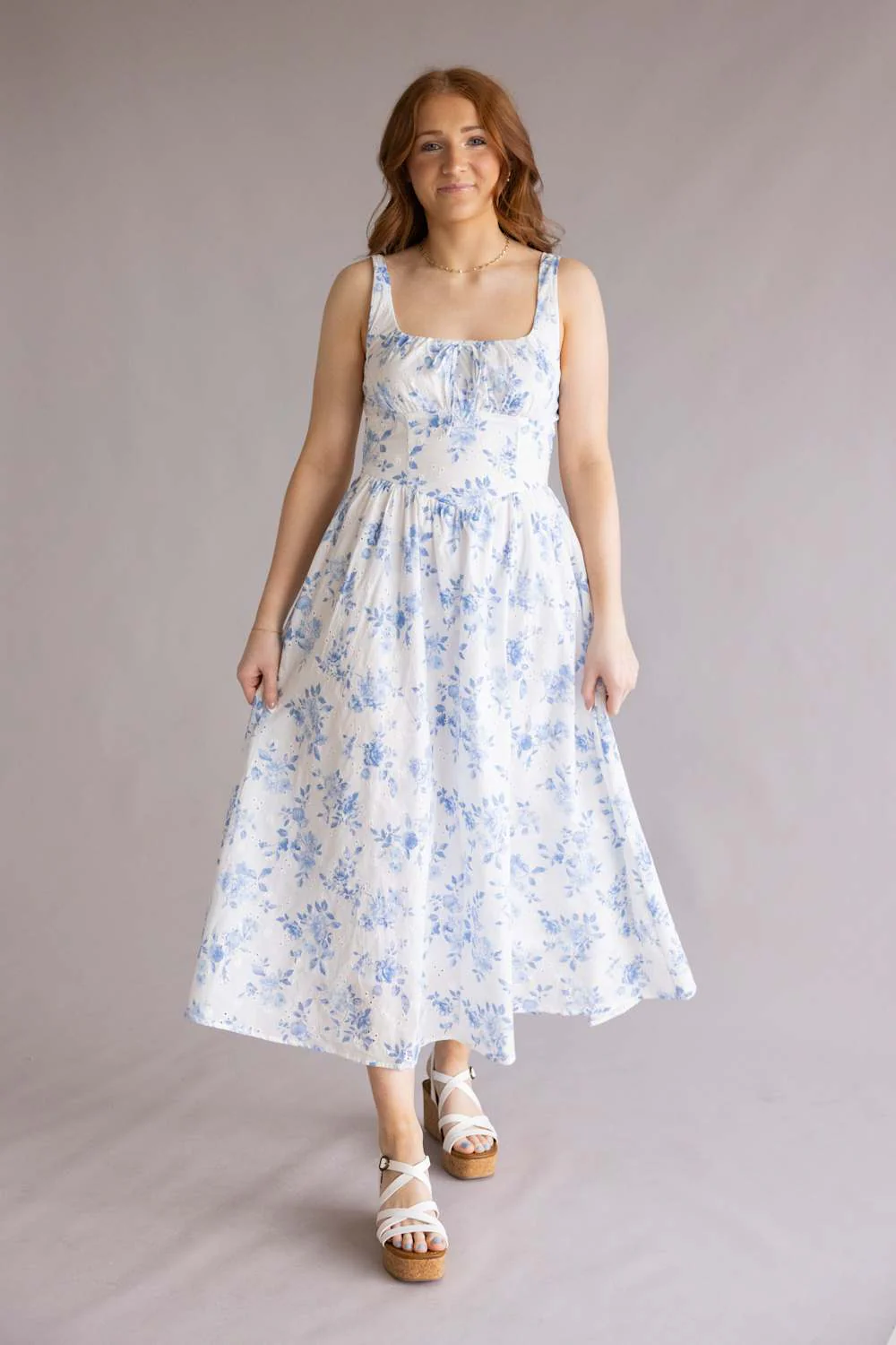 Bow & Floral Maxi Dress for Women in White | CR2825-BLUE - Image 6