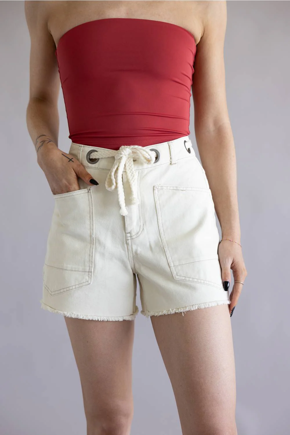 Braided Tie Waist Denim Shorts for Women in Ecru | J6SP1012-ECRU - Image 2