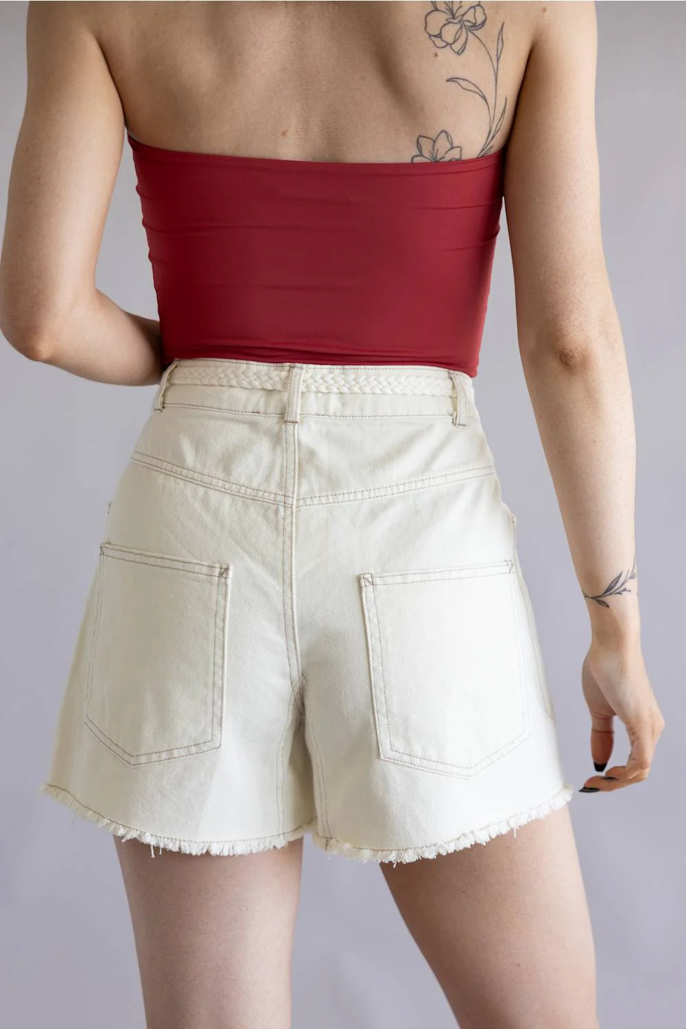 Braided Tie Waist Denim Shorts for Women in Ecru | J6SP1012-ECRU - Image 3