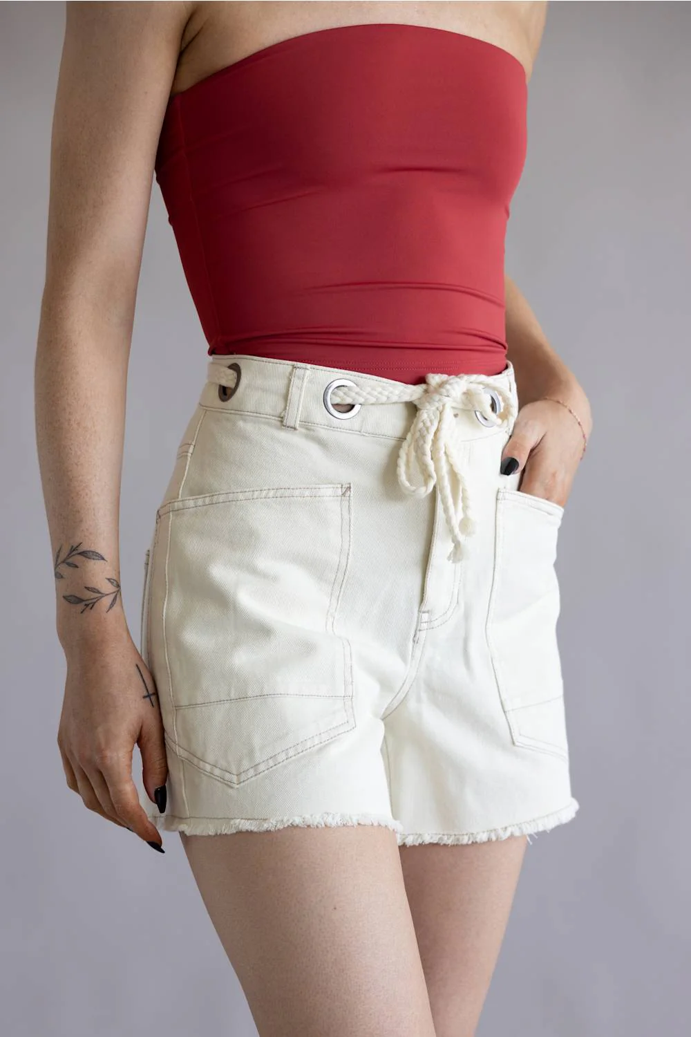 Braided Tie Waist Denim Shorts for Women in Ecru | J6SP1012-ECRU - Image 4