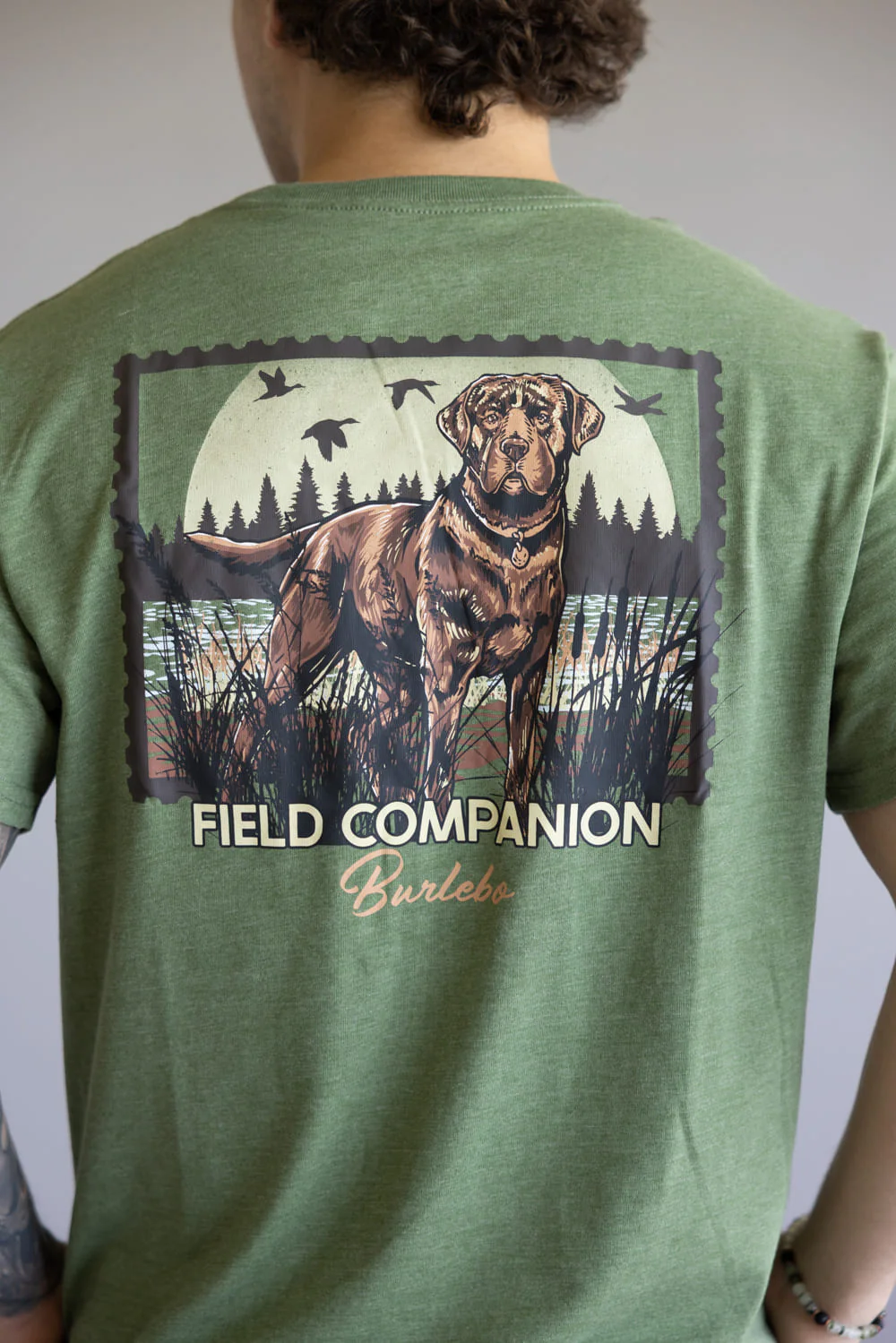 Burlebo Duck Dog Stamp T-Shirt for Men in Heather Olive | SST-DDST-HO-DUCKDOGSTAMP-HEATHEROLIV - Image 4