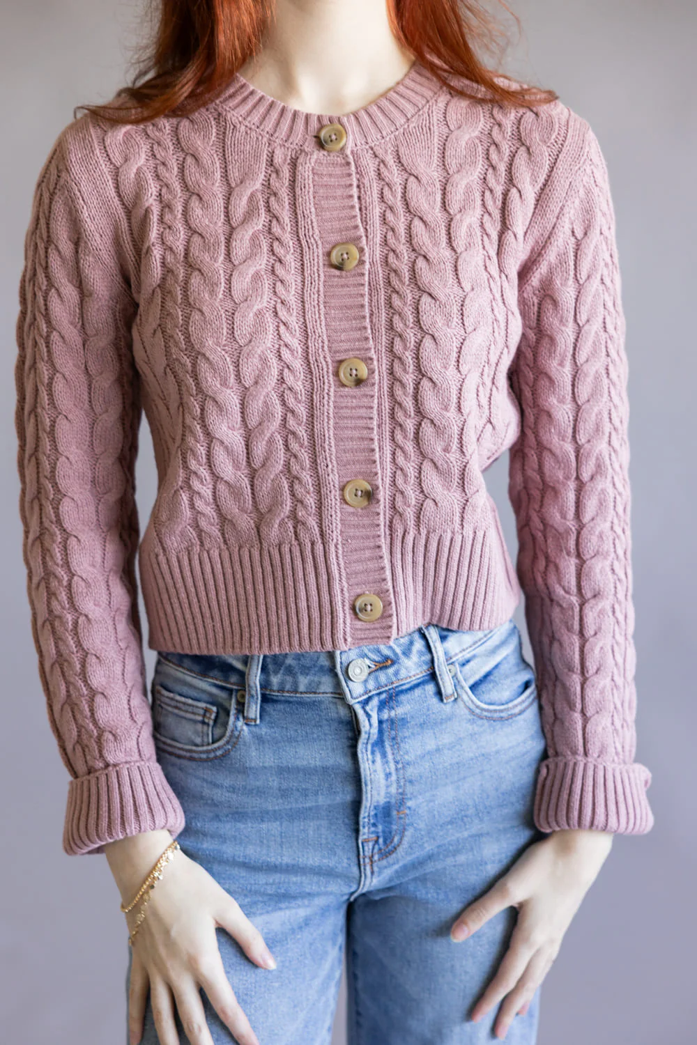 Button Front Cable Cardigan for Women in Faded Mauve | PF5S45174-FADEDMAUVE - Image 3