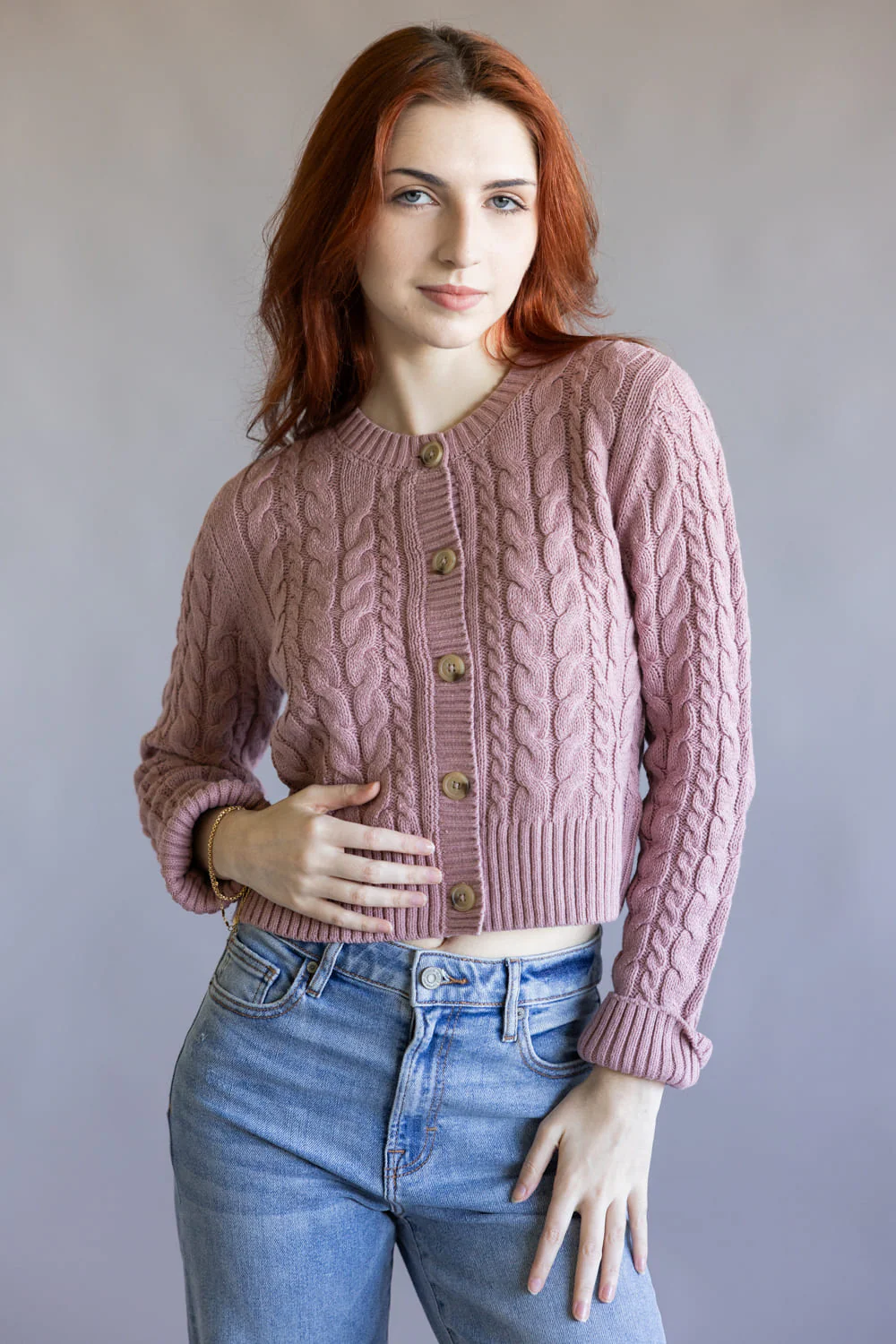 Button Front Cable Cardigan for Women in Faded Mauve | PF5S45174-FADEDMAUVE - Image 4