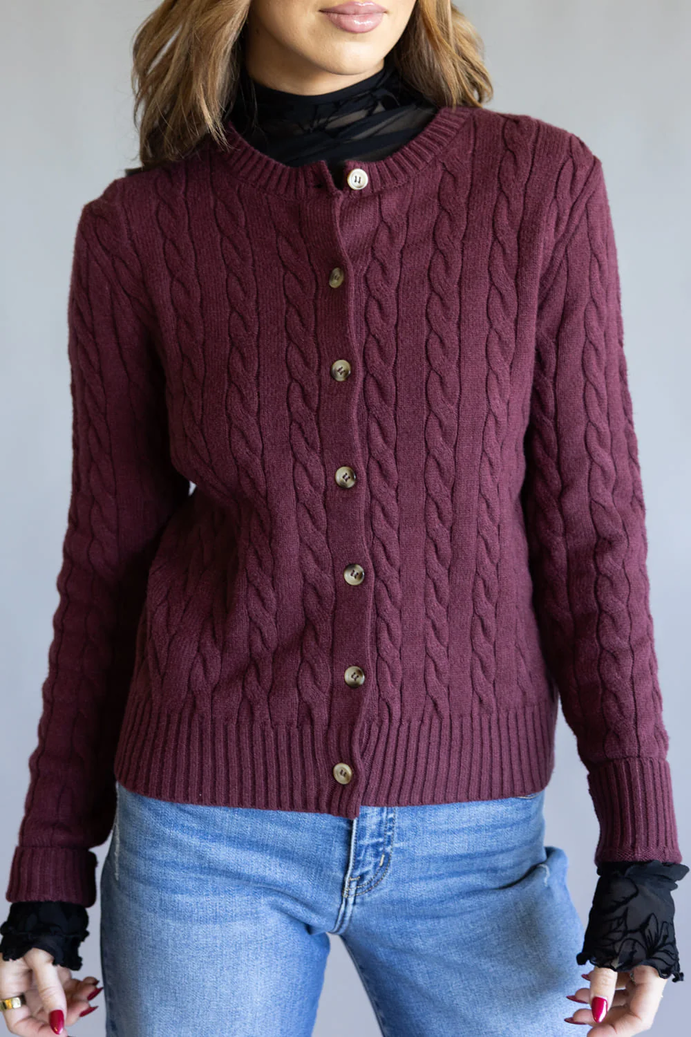 Button Front Cable Cardigan for Women in Port Wine | PF5S45445-PORTWINE - Image 2
