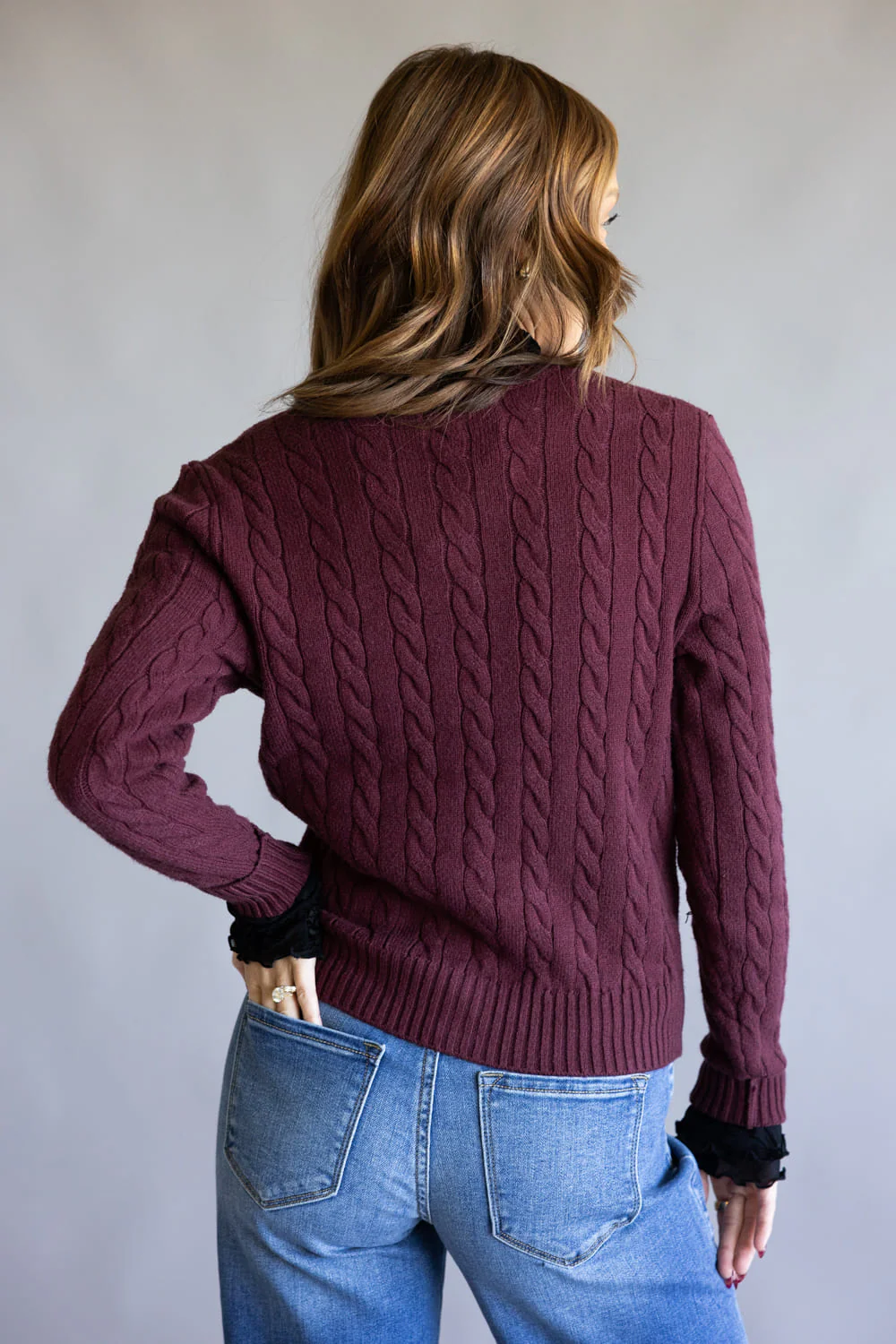 Button Front Cable Cardigan for Women in Port Wine | PF5S45445-PORTWINE - Image 3