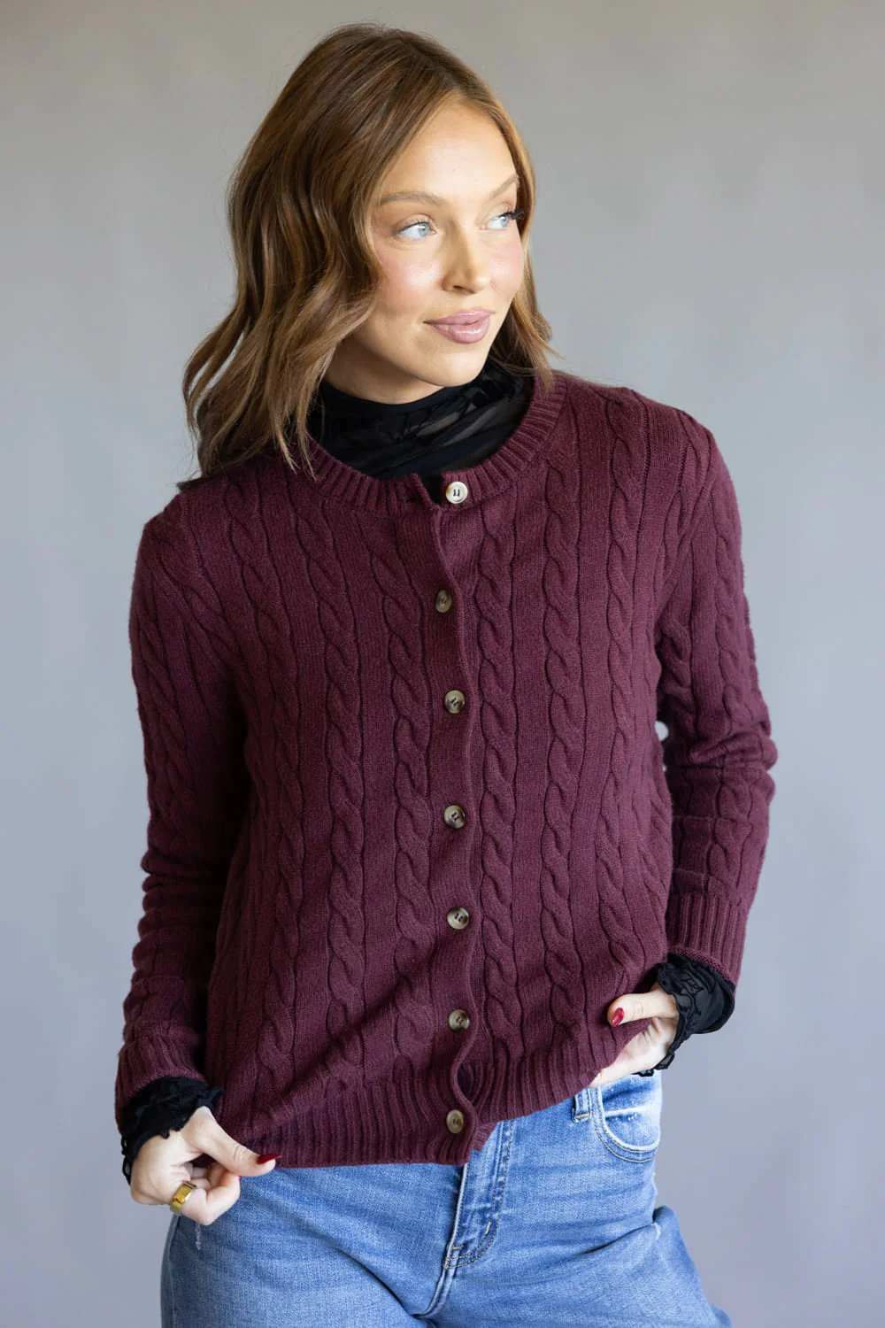 Button Front Cable Cardigan for Women in Port Wine | PF5S45445-PORTWINE - Image 4
