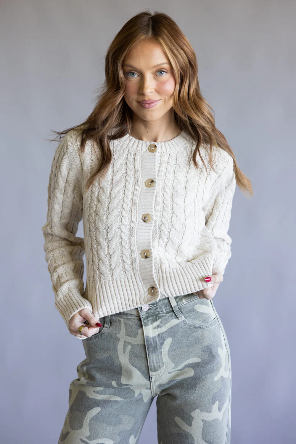 Button Front Cable Knit Cardigan for Women - Image 2