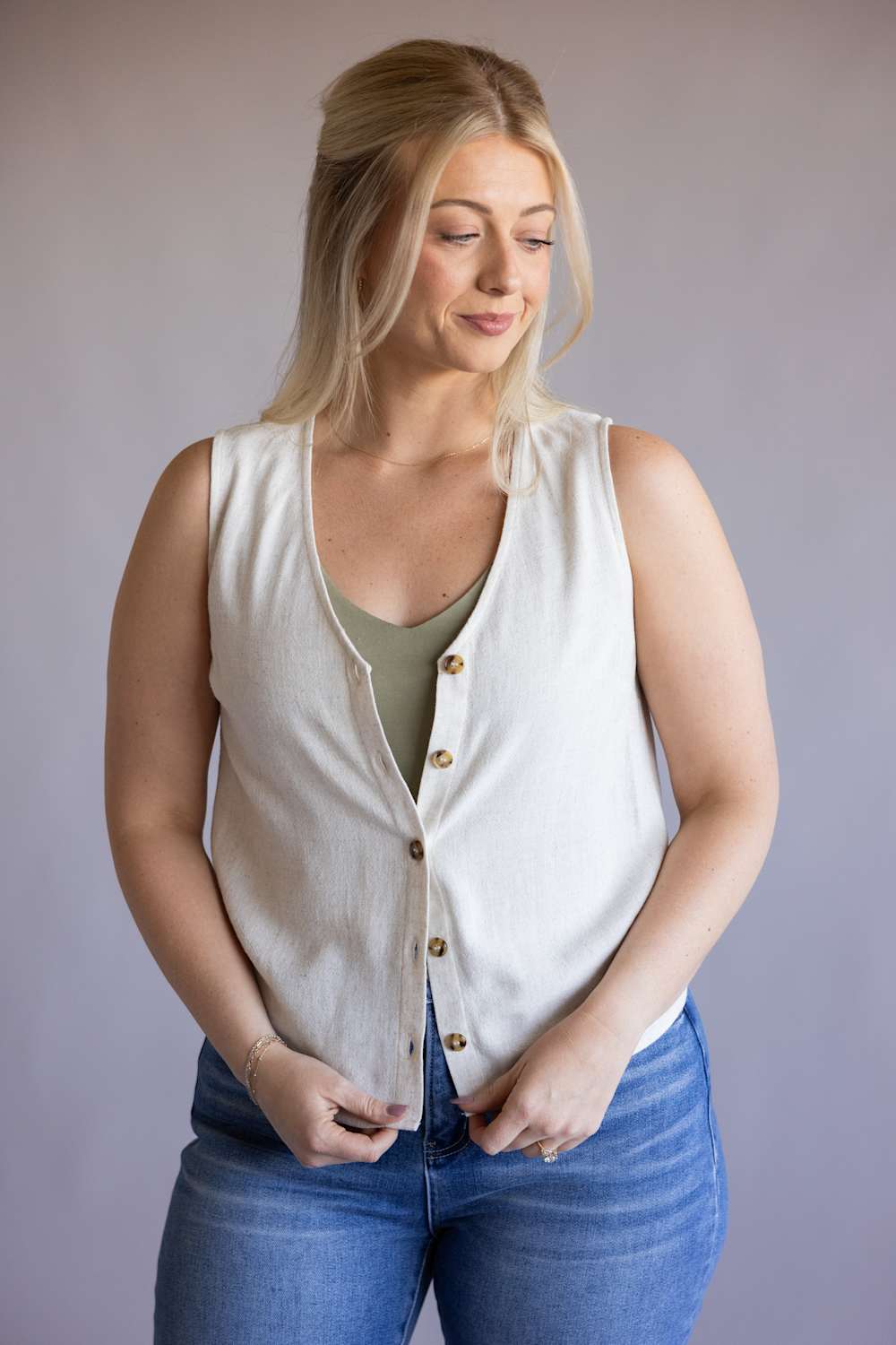 Button Front Linen Vest for Women in Natural | R69447-NAT - Image 2