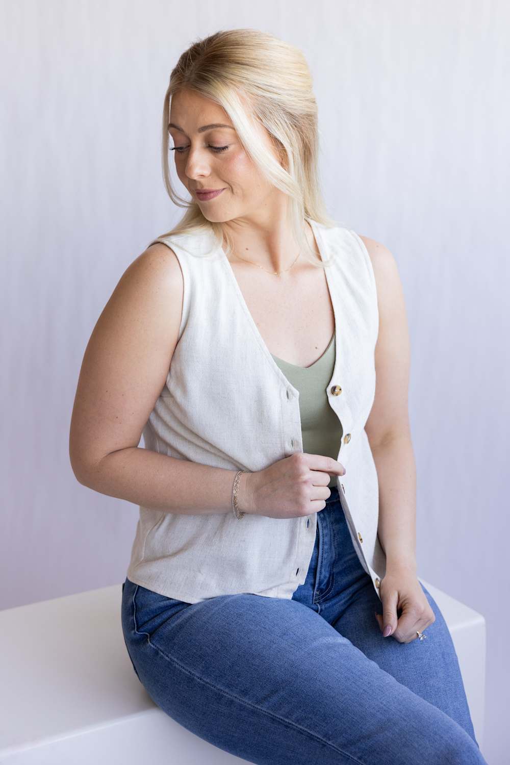 Button Front Linen Vest for Women in Natural | R69447-NAT - Image 3