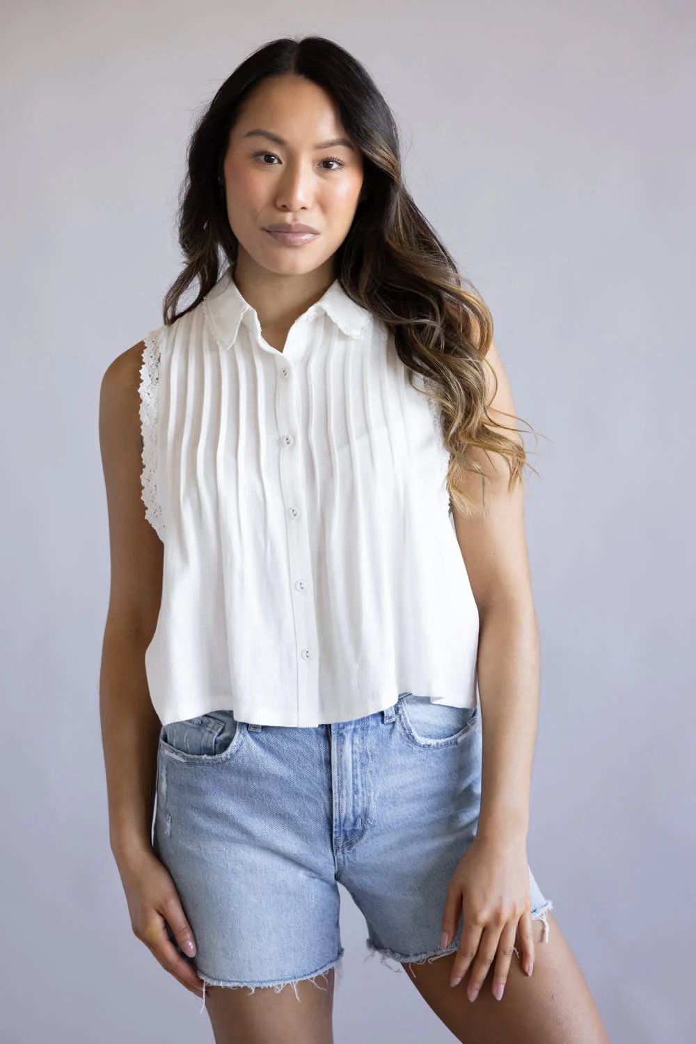 Button Front Pintuck Linen Top for Women in Off White | AT9251-WHT - Image 3