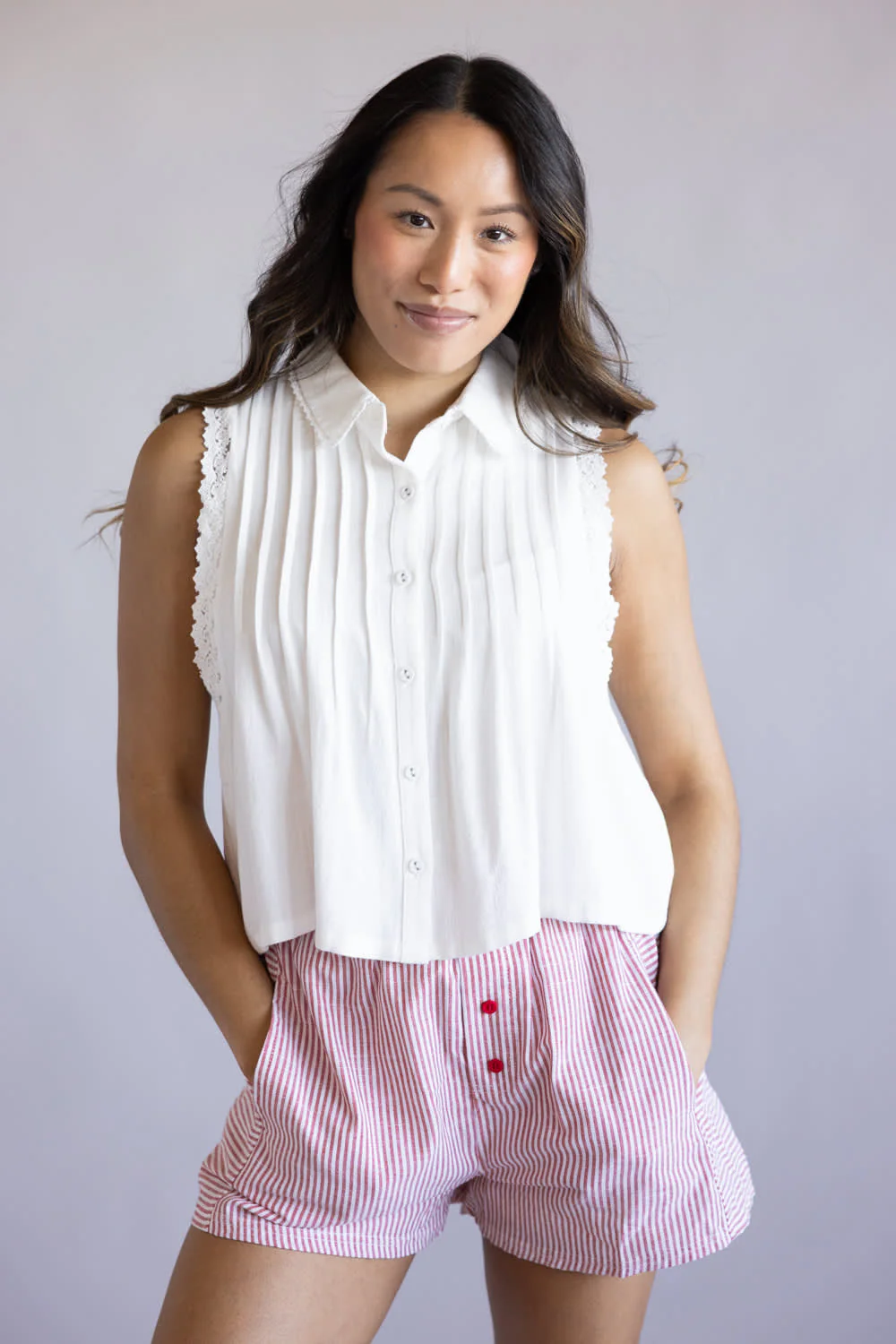 Button Front Pintuck Linen Top for Women in Off White | AT9251-WHT - Image 5