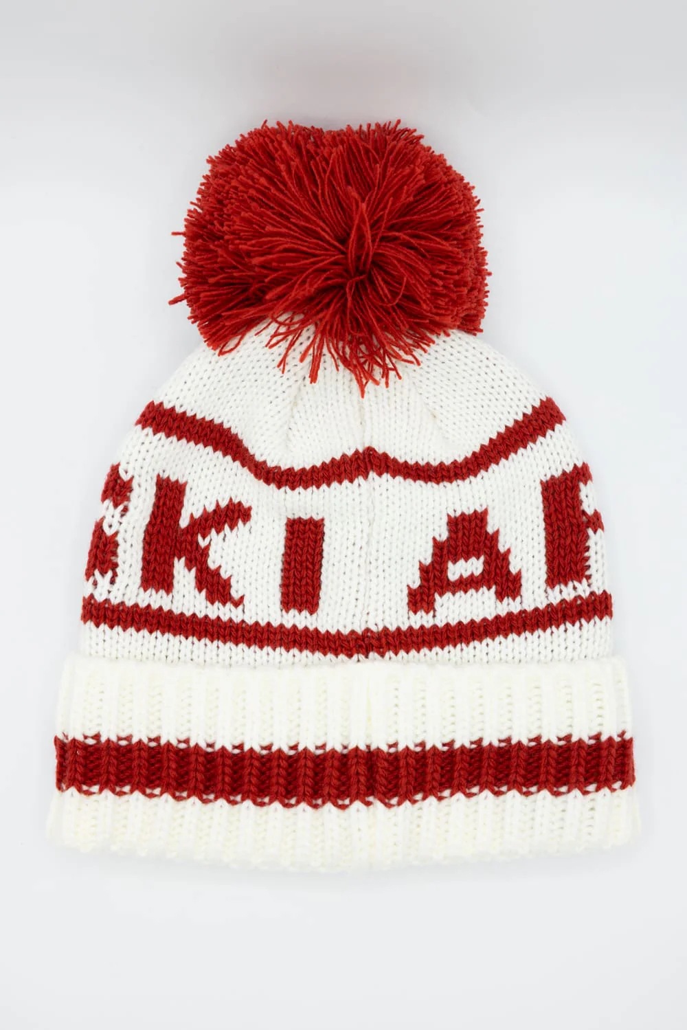 C.C. Apres Ski Yarn Pom Beanie for Women in Ivory/Red | HTE0134IVY - Image 3