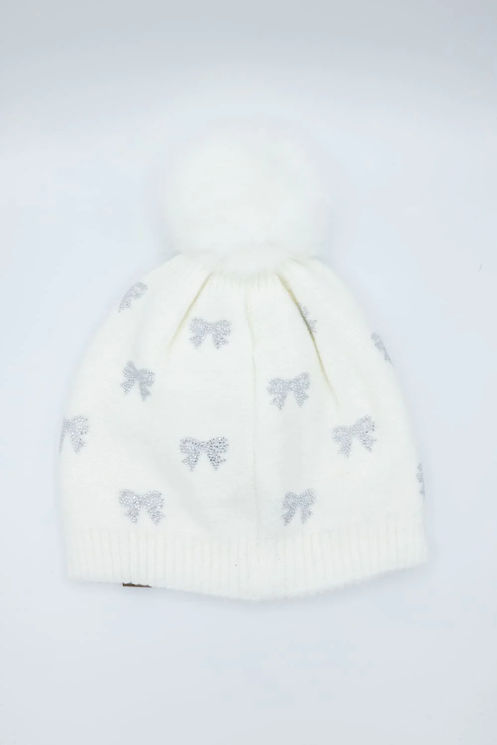 C.C. Bow Rhinestone Pom Beanie for Women in White | HTE0136-IVY - Image 4