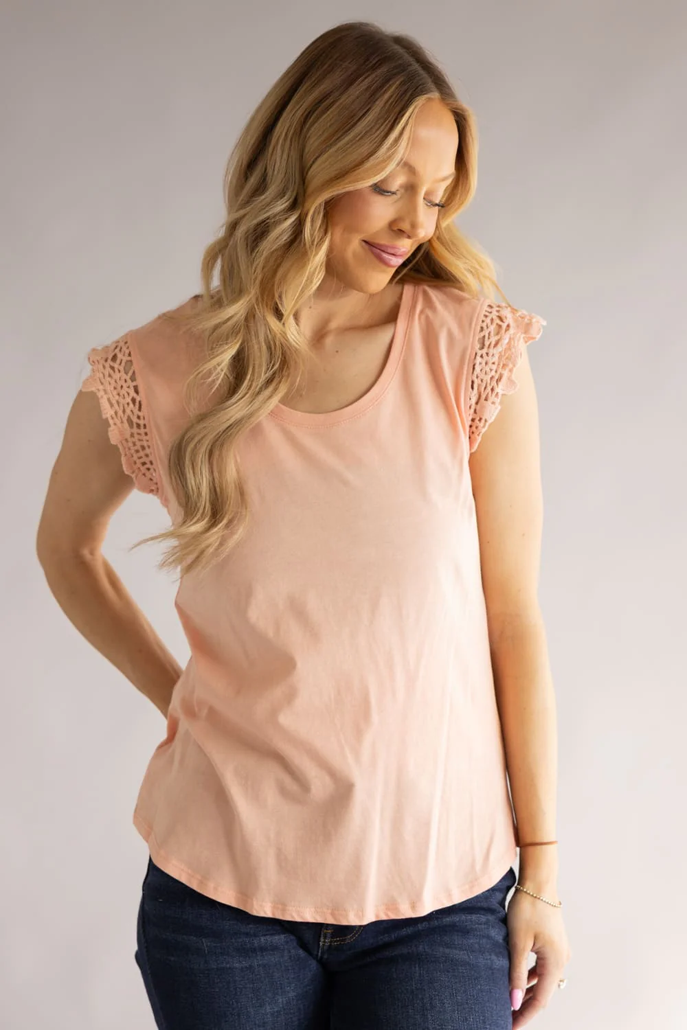 C&C California Coco Crochet Sleeve Tee for Women in Coral | 89A02918-CORAL - Image 5