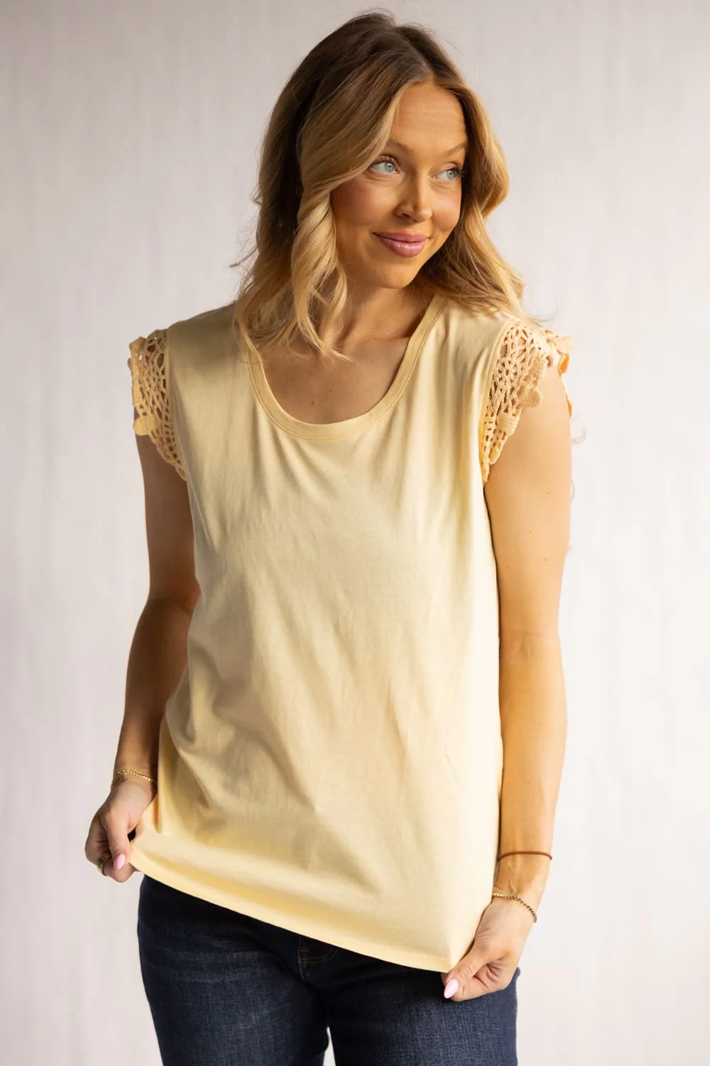 C&C California Coco Crochet Sleeve Tee for Women in Golden | 89A02918-GOLDEN - Image 4