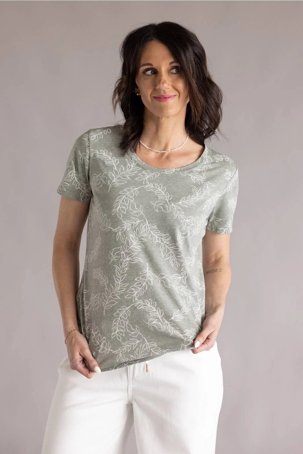 C&C California Karlie Printed Tee for Women in Vetiver Viney Leaves | 89A01522-VETIVER - Image 3