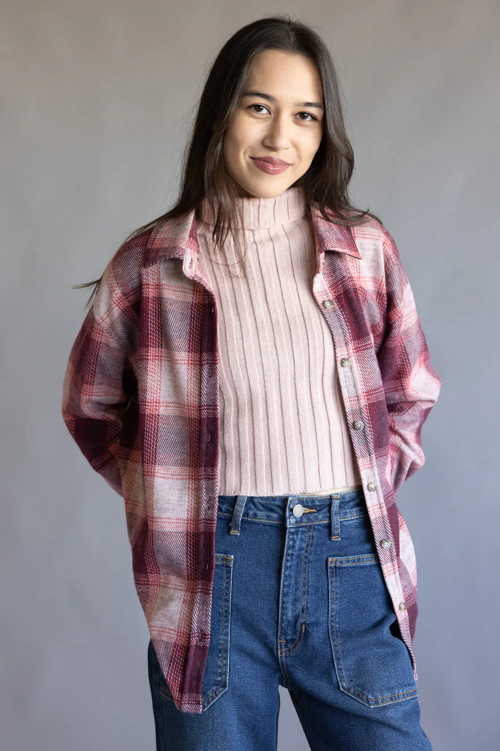 C&C California Kat Oversized Plaid Knit Shirt for Women in Red Plaid | 89B03059-X607-REDPLD - Image 3