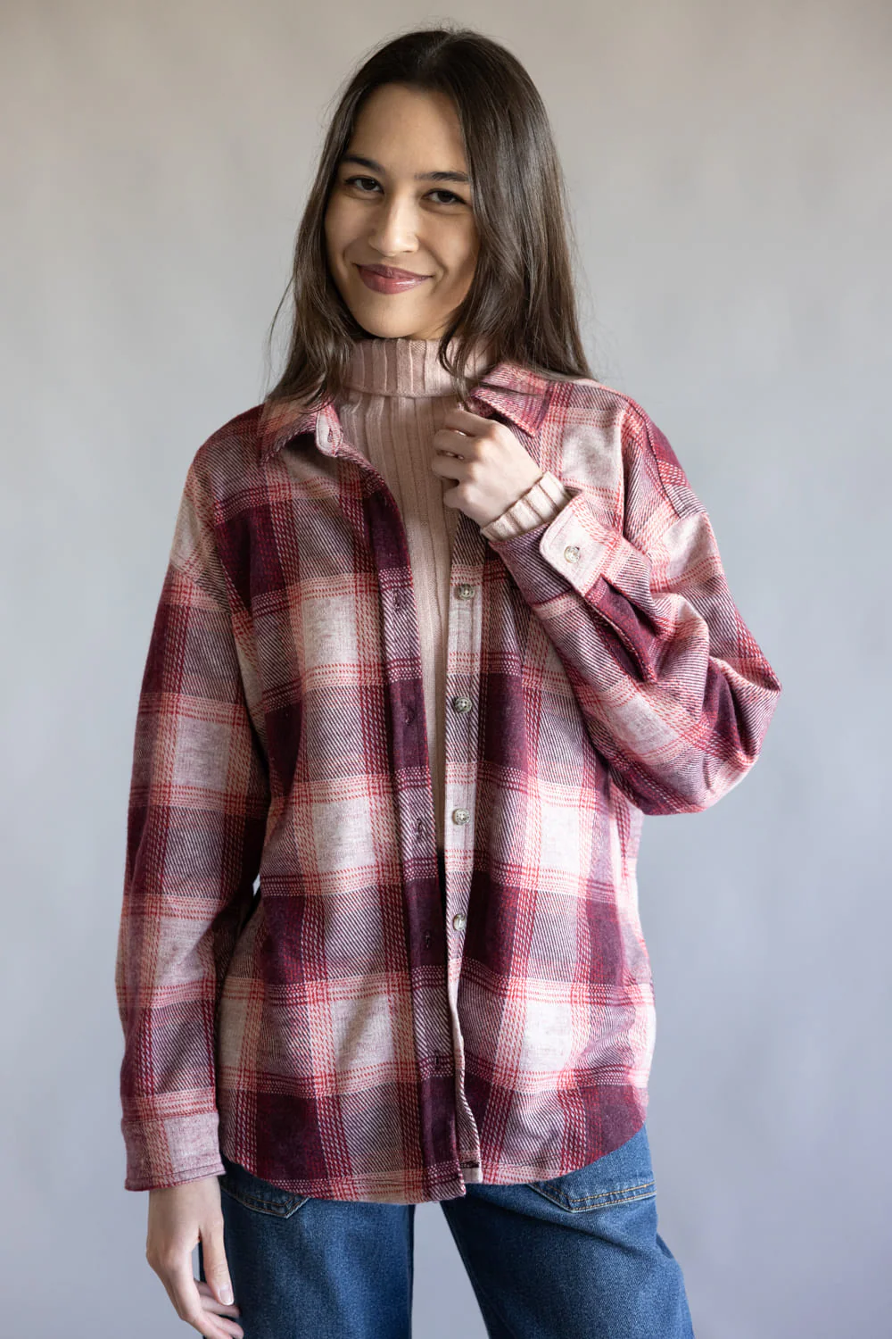 C&C California Kat Oversized Plaid Knit Shirt for Women in Red Plaid | 89B03059-X607-REDPLD - Image 4