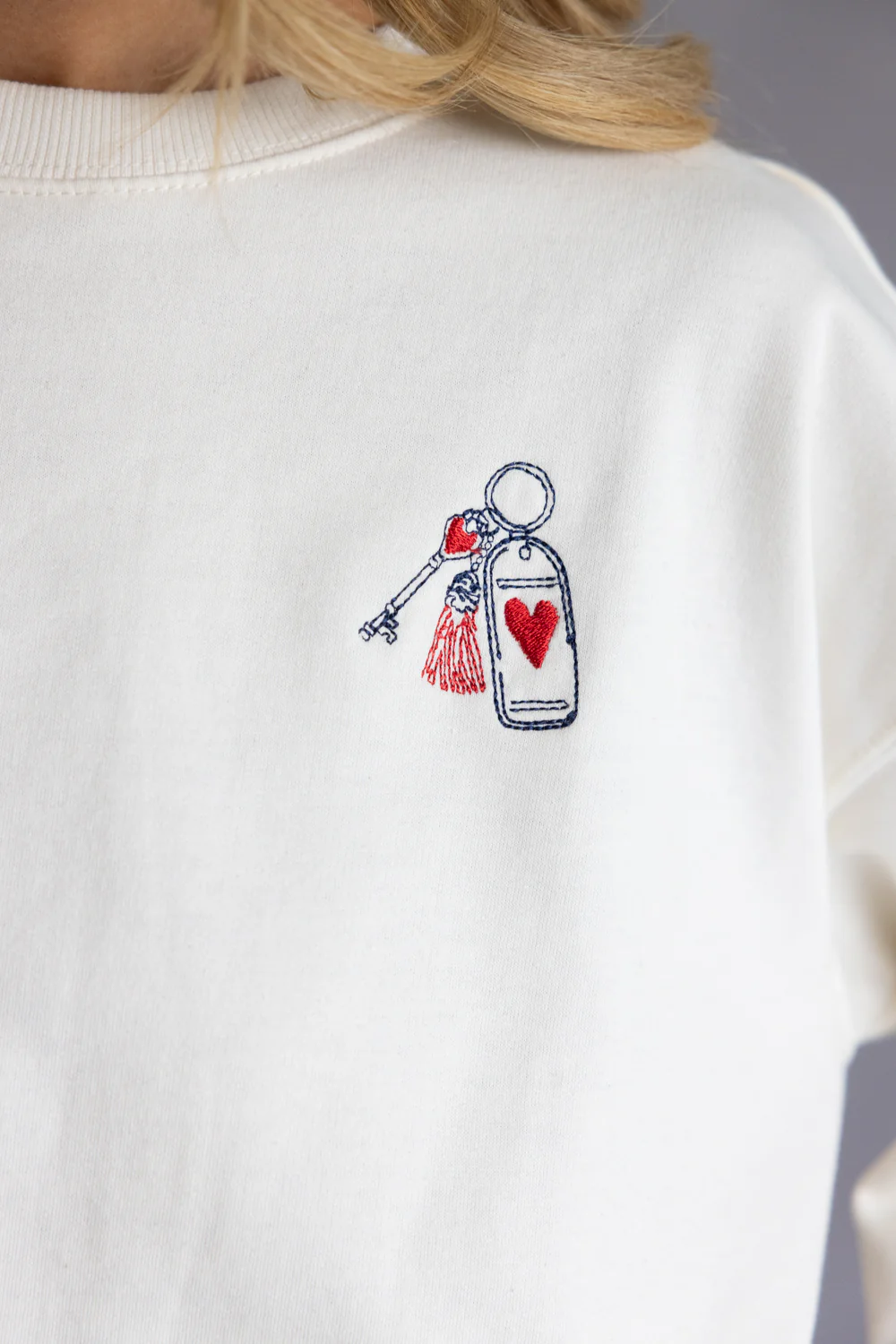 C&C California Keys to my Heart Embroidered Fleece Sweatshirt for Women in Antique White | 89B03349-WHITE - Image 2