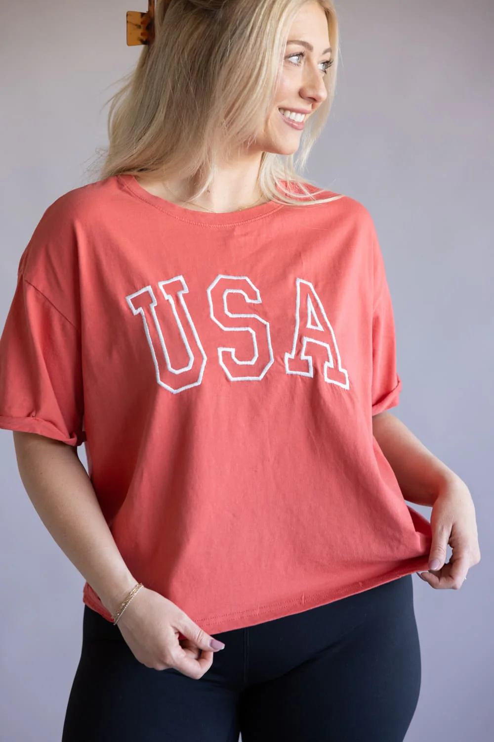 C&C California Melissa Embroidered USA T-Shirt for Women in Cranberry | 89A03008-CRANBERRY - Image 3